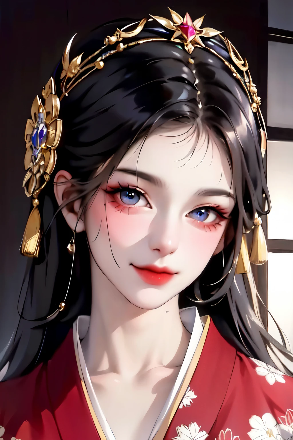 masterpiece,highest quality,disorganized,original,very delicate and beautiful,Beautifully detailed eyes and face,1 girl, black hair, kimono, looking at the viewer, alone, (shiny skin),(masterpiece:1.4),(highest quality:1.4),realistic,robber girl,mature woman,mature woman,smile,closed mouth