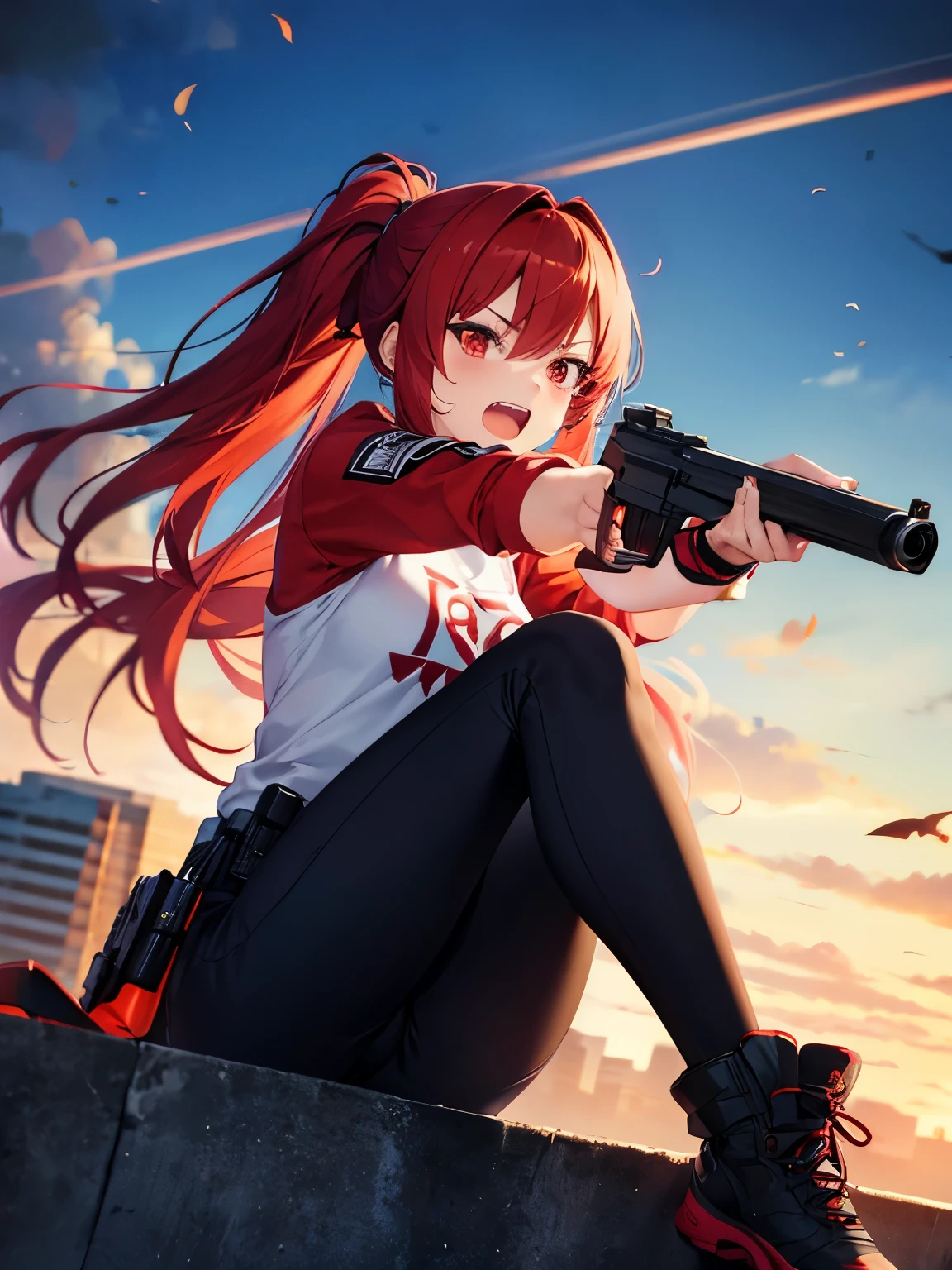 1 girl,Red hair,Expression of pain,Sitting, half body photo, red eyes,Holding a gun, aiming at the viewer, angry expression, teeth showing,Wearing a red fur jacket,ponytail,half body photo,white t-shirt, long black trousers