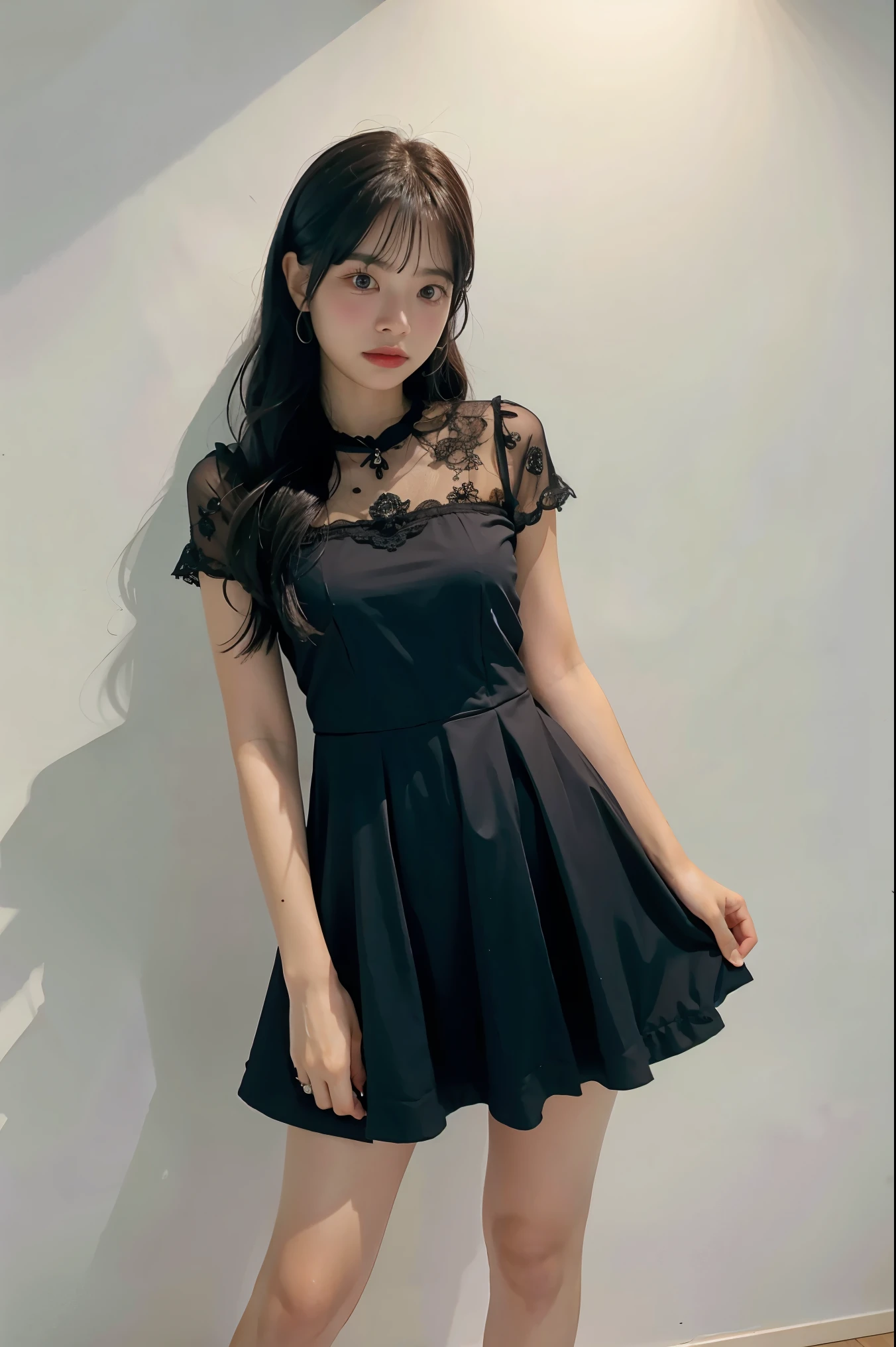 1girl, black dress, white background,