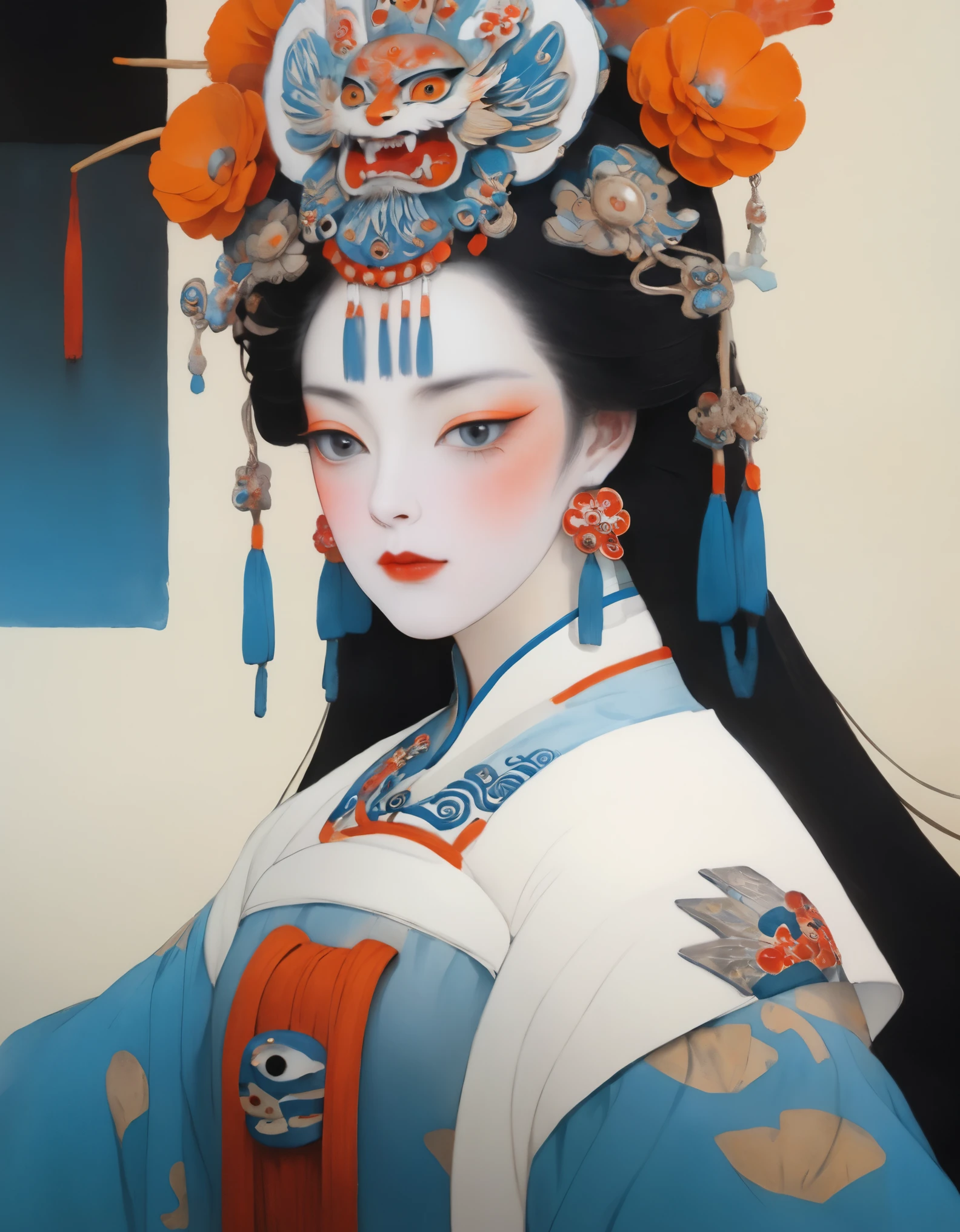 ASCII Art Style, Portrait, Best Quality, High Resolution, Super Fine, (Realism: 1.37), Character Concept Design, Hayv Kahraman Style, (Portrait of Peking Opera Girl: 1.3),, Fine Eyes, Fine Lips, Fine Face, Long Eyelashes, Stylish Urban Clothing, Midway, Blue and Orange, Sharp Focus, Studio Lighting, Stanley Donwood Style, Figure, Ink Art, Side View
