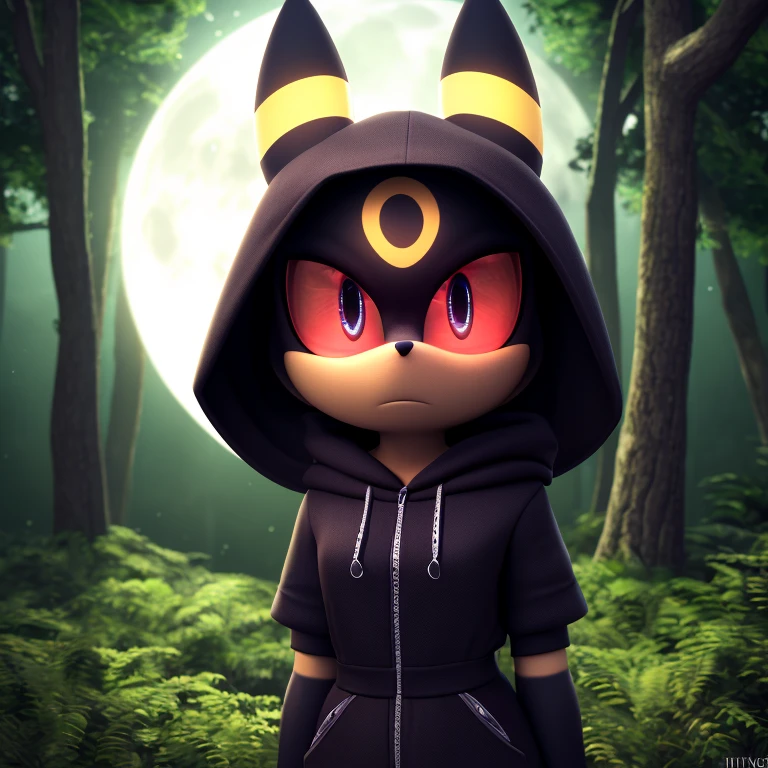 ((smooth textures)), ((clear textures)), ((Highly detailed)), ((studio quality)), ((masterpiece)), ((4k)), ((8k uhd)), Mobian (Umbreon), forest, 1girl, nighttime, full moon, red sclera, creepy, unamused, looking at viewer, black hood, black fur