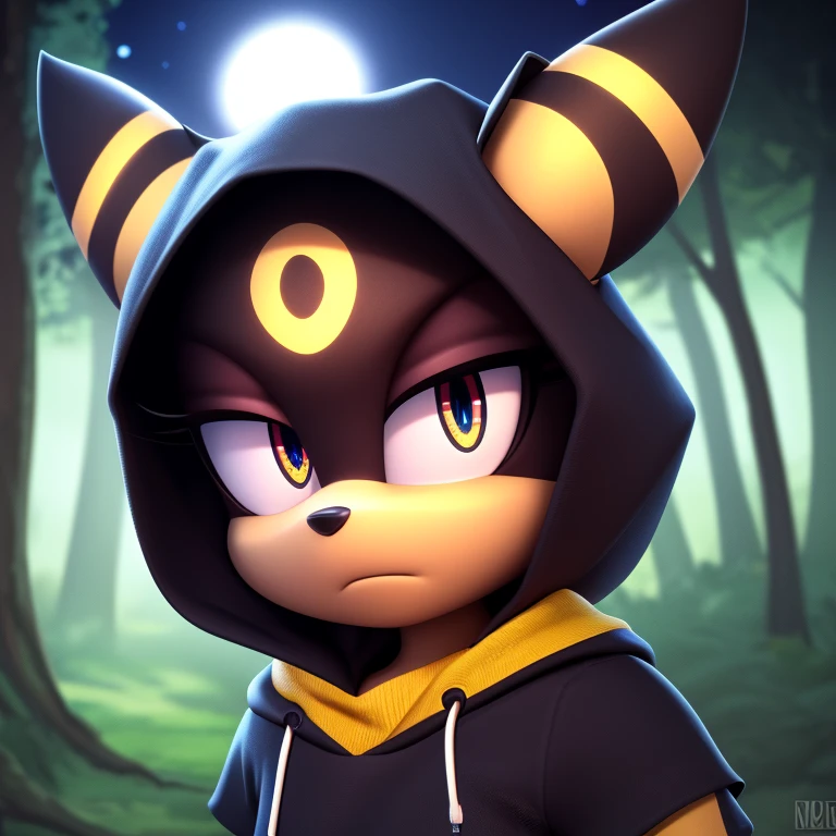 ((smooth textures)), ((clear textures)), ((Highly detailed)), ((studio quality)), ((masterpiece)), ((4k)), ((8k uhd)), Mobian (Umbreon), forest, 1girl, nighttime, full moon, red sclera, creepy, unamused, looking at viewer, black hood, black fur