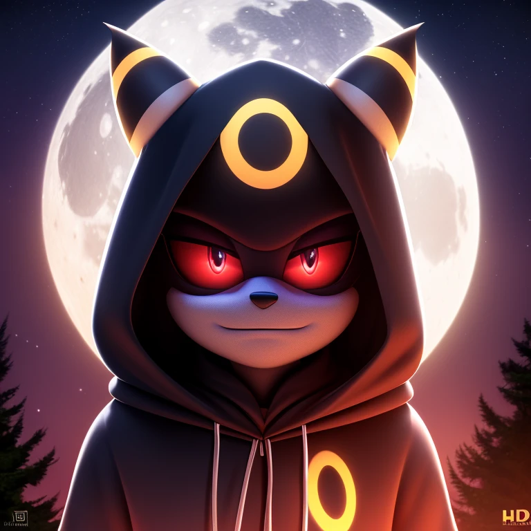 ((smooth textures)), ((clear textures)), ((Highly detailed)), ((studio quality)), ((masterpiece)), ((4k)), ((8k uhd)), Mobian (Umbreon), forest, 1girl, nighttime, full moon, red sclera, creepy, unamused, looking at viewer, black hood, black fur