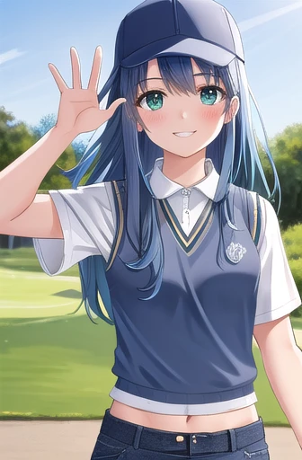 best quality, detailed, solo, looking at viewer, cap, girl, denim, long hair, blue hair, smile, blush, green eyes, wind, belt, outdoors, t-shirt, sweater vest, golf, golf club, navel, waving hand, shirt under sweater vest, from behind