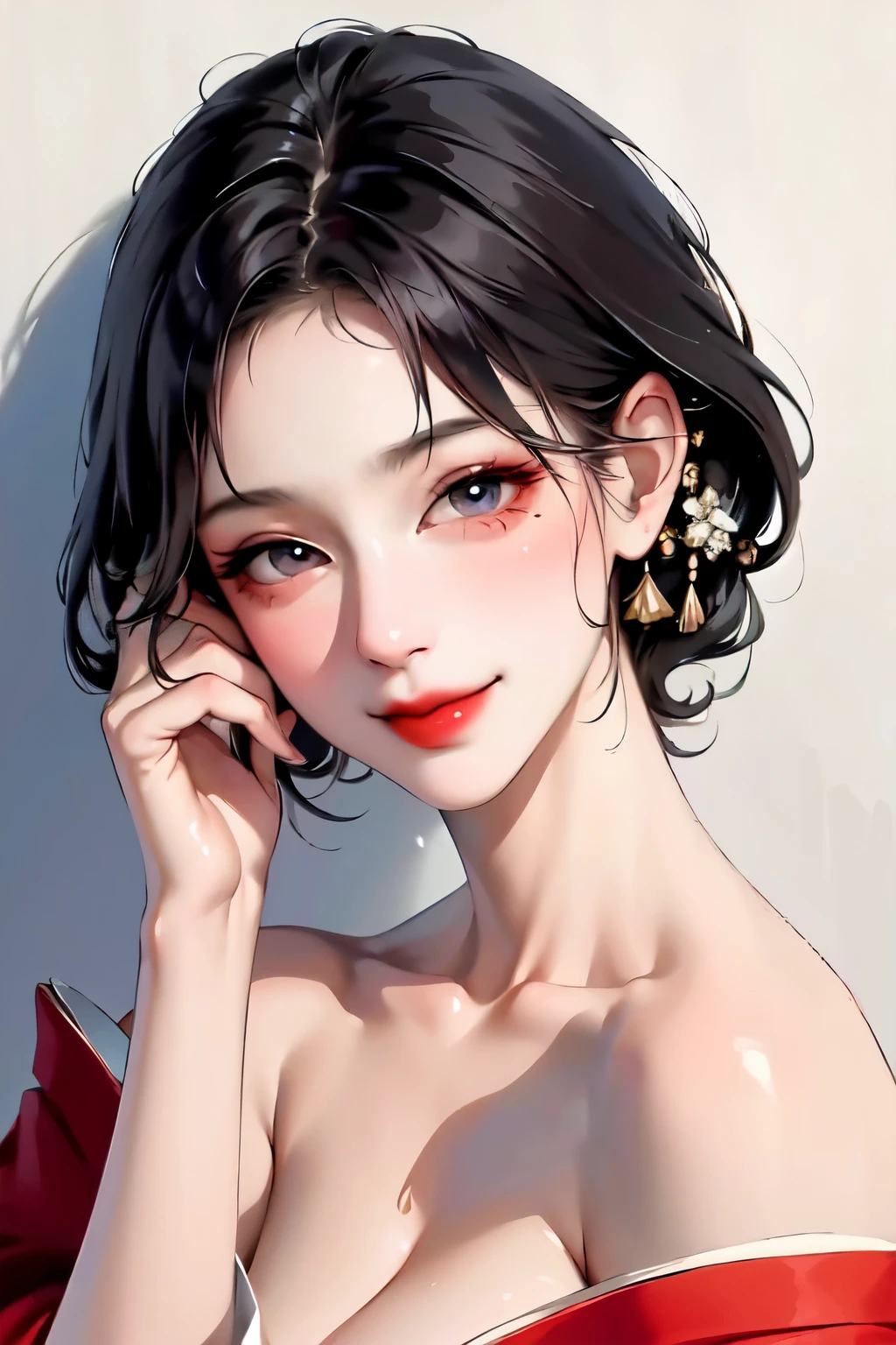 masterpiece,highest quality,disorganized,original,very delicate and beautiful,Beautifully detailed eyes and face,1 girl, black hair, kimono, looking at the viewer, alone, (shiny skin),(masterpiece:1.4),(highest quality:1.4),realistic,robber girl,mature woman,mature woman,smile,closed mouth