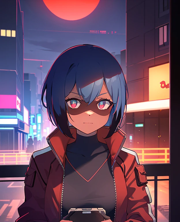 cyberpunk, portrait, Schwarz , Rot neon eyes, stilvoll tragen [Schwarz|Rot] Kleidung steht in einer Stadt, (sonnenaufgang:1.4), Street, kompliziert, fototealistisch