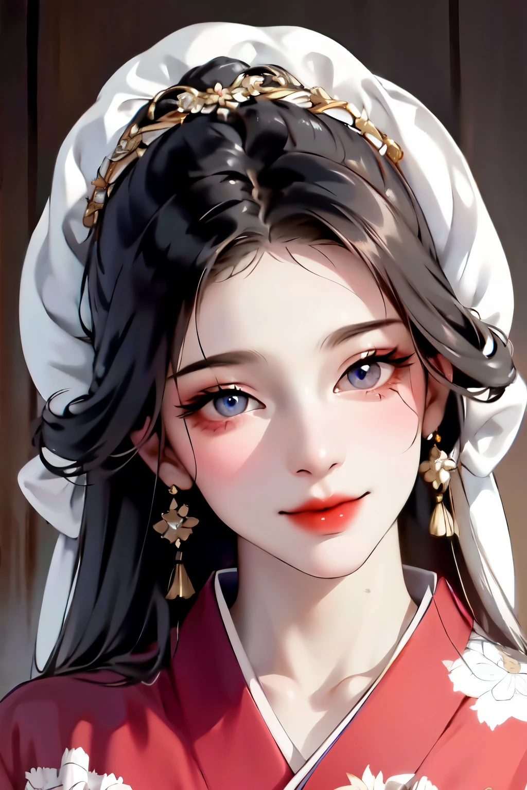 masterpiece,highest quality,disorganized,original,very delicate and beautiful,Beautifully detailed eyes and face,1 girl, black hair, kimono, looking at the viewer, alone, (shiny skin),(masterpiece:1.4),(highest quality:1.4),realistic,robber girl,mature woman,mature woman,smile,closed mouth