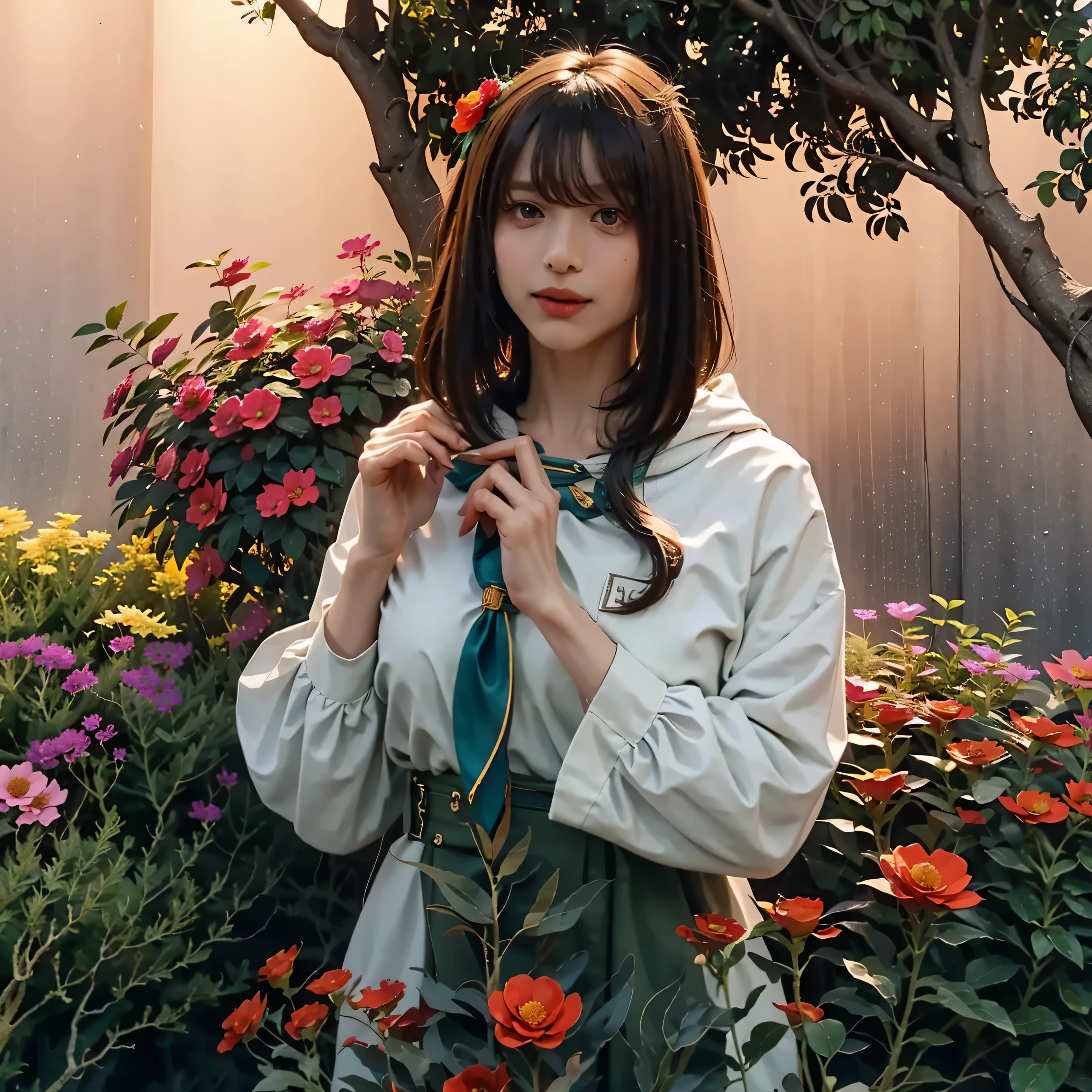 best quality, best resolution, Masterpiece, very detailed, beautiful woman, black hair, long hair, golden eyes, pink lips, grass, flower field, sunlight, light, shameful expression, Middle breast., Slippery hair, Sit, full body, front view, flower garden,butterfly