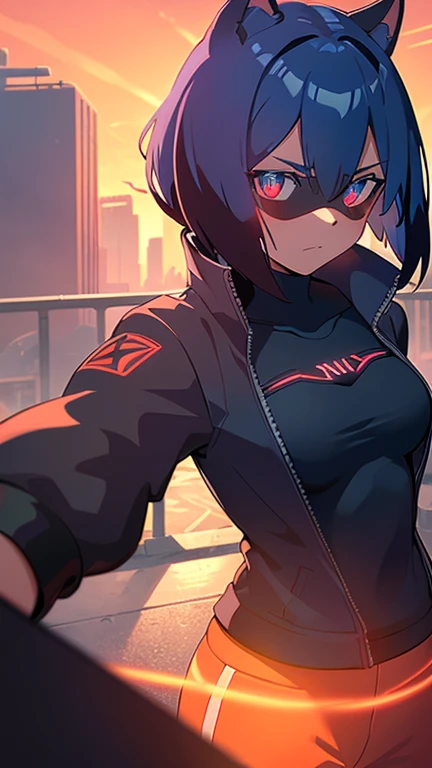 cyberpunk, portrait, Schwarz , Rot neon eyes, stilvoll tragen [Schwarz|Rot] Kleidung steht in einer Stadt, (sonnenaufgang:1.4), Street, kompliziert, fototealistisch