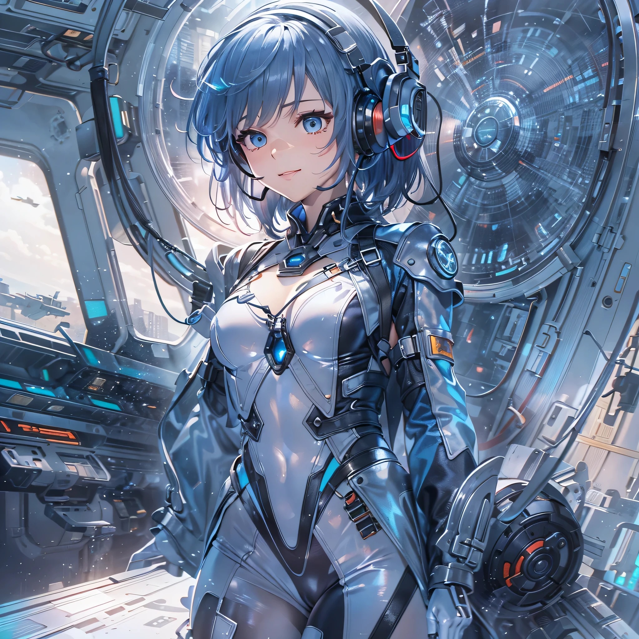 (masterpiece、highest quality、highest resolution、clear_image、detailed details、Angle from above): (full body figure、One 20 year old girl、Japanese faces、small face、Slender、Navy blue super short bob cut hair、(hidden small breasts:1.3)、sparkling blue eyes、Shiny pilot suit in blue and black colors、armor that protects the chest、tight fitting clothes、clothes that cover the whole body、shiny clothes、tight fit pants、hide the skin、very delicate and beautiful、detailed skin、hide thighs、hide your butt、cute type、gentle smile、soft expression、heroine、headset、Knee-high boots、gloves up to the elbow、eye level shot、facing directly、woman on a spaceship)