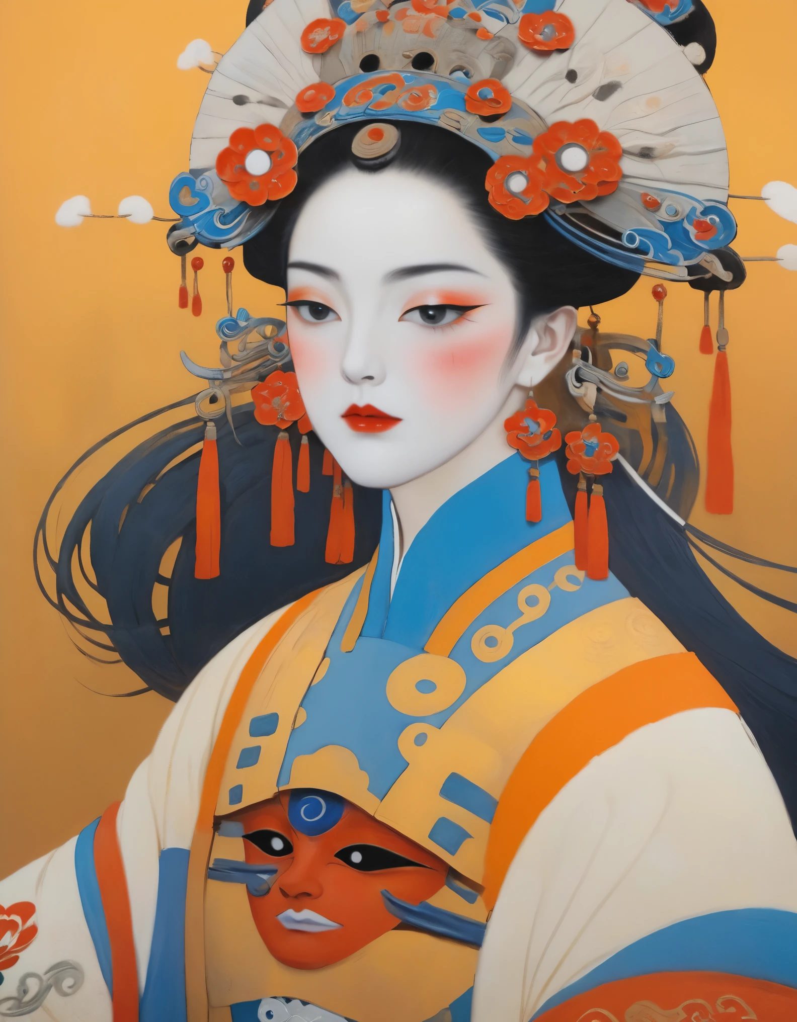 ASCII Art Style, Portrait, Best Quality, High Resolution, Super Fine, (Realism: 1.37), Character Concept Design, Hayv Kahraman Style, (Portrait of Peking Opera Girl: 1.3),, Fine Eyes, Fine Lips, Fine Face, Long Eyelashes, Stylish Urban Clothing, Midway, Blue and Orange, Sharp Focus, Studio Lighting, Stanley Donwood Style, Figure, Ink Art, Side View