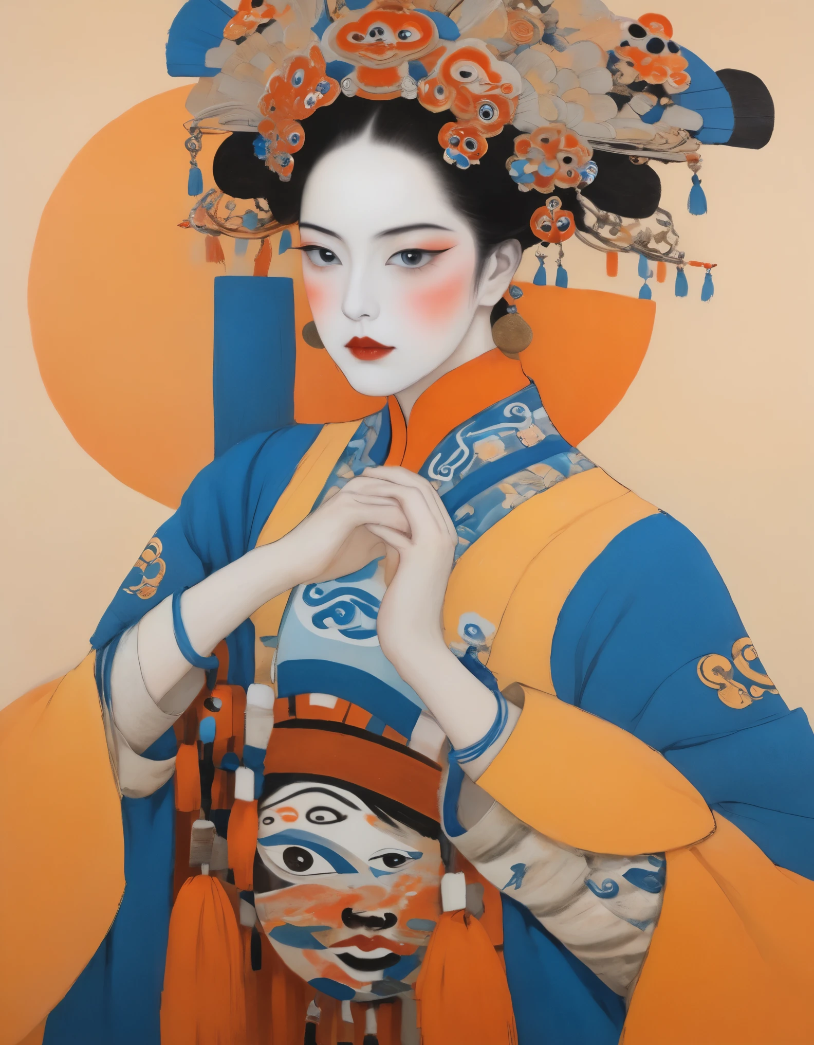 ASCII Art Style, Portrait, Best Quality, High Resolution, Super Fine, (Realism: 1.37), Character Concept Design, Hayv Kahraman Style, (Portrait of Peking Opera Girl: 1.3),, Fine Eyes, Fine Lips, Fine Face, Long Eyelashes, Stylish Urban Clothing, Midway, Blue and Orange, Sharp Focus, Studio Lighting, Stanley Donwood Style, Figure, Ink Art, Side View
