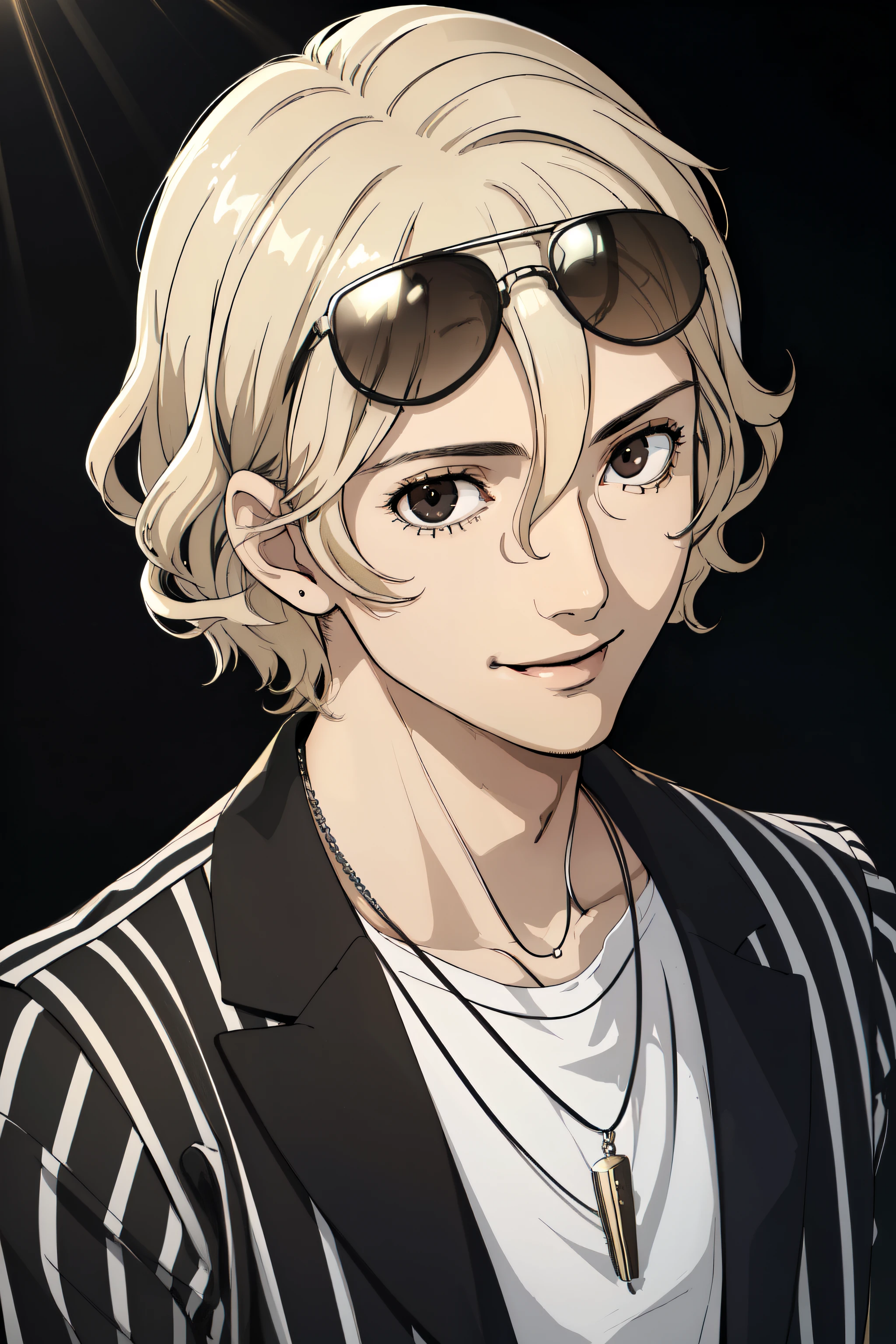 "(best quality, high resolution), man, alone, straight blonde hair with black roots in the middle parting, short hair, black and blonde hair, hair curly, brown eyes, smiling, sunglasses on his head, bracelets, white striped shirt, necklace with silver sun pendant, hair black highlights, portrait, studio lighting, surrealistic, black hair blonde stripes"