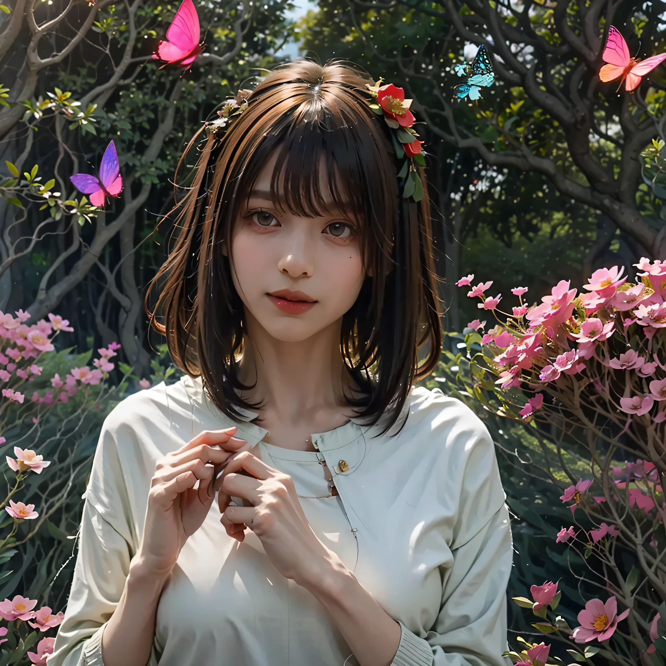 best quality, best resolution, Masterpiece, very detailed, beautiful woman, black hair, long hair, golden eyes, pink lips, grass, flower field, sunlight, light, shameful expression, Middle breast., Slippery hair, Sit, full body, front view, flower garden,butterfly