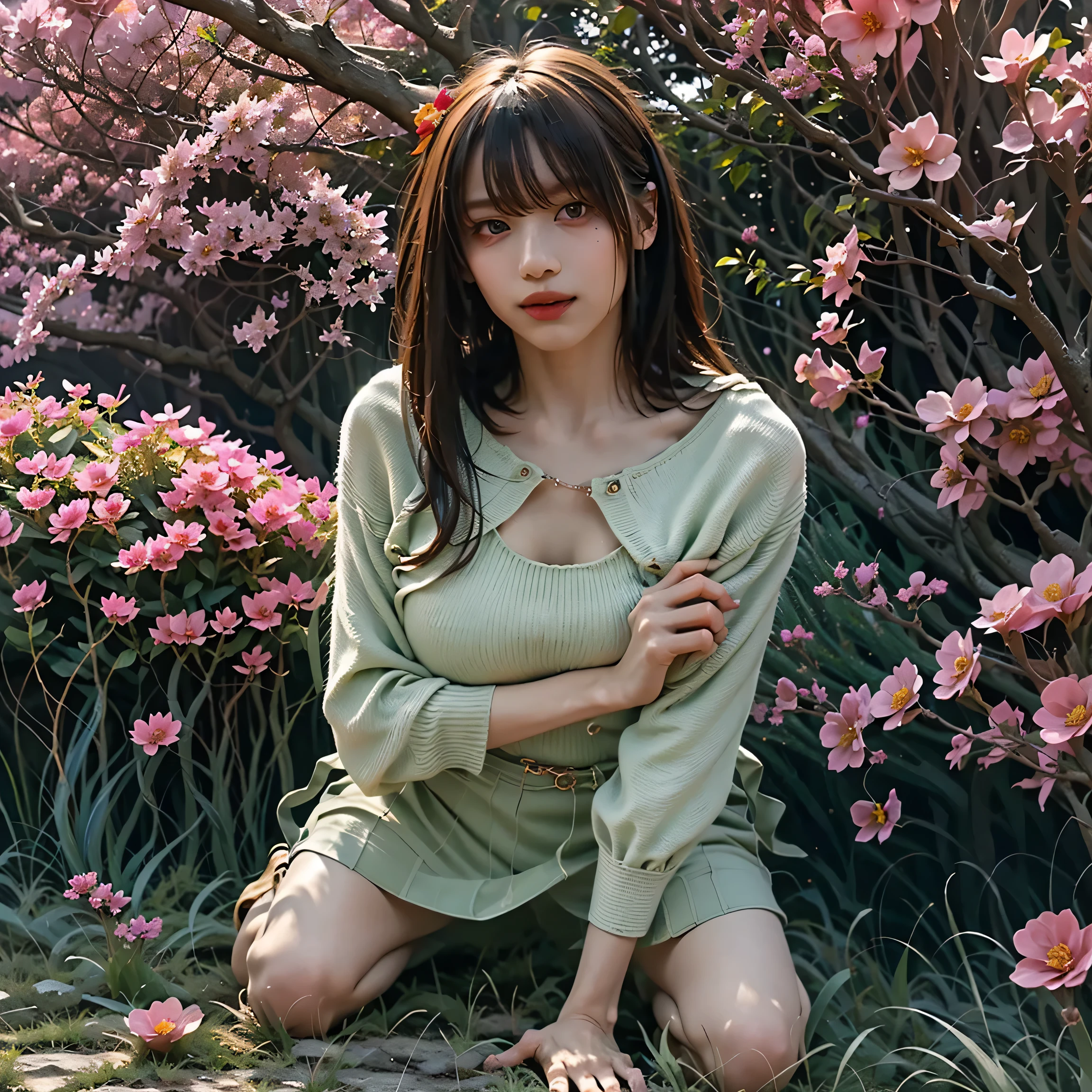 best quality, best resolution, Masterpiece, very detailed, beautiful woman, black hair, long hair, golden eyes, pink lips, grass, flower field, sunlight, light, shameful expression, Middle breast., Slippery hair, Sit, full body, front view, flower garden,butterfly