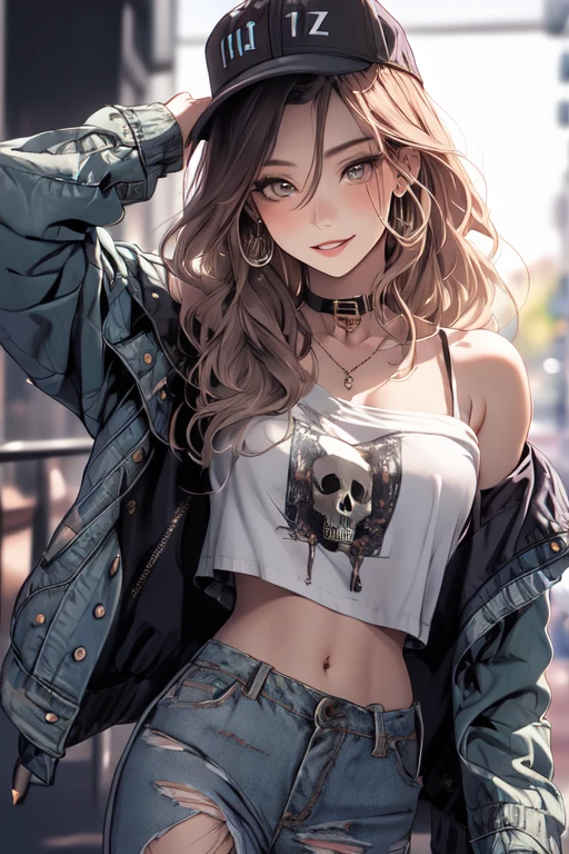 (artwork), Better quality, Intricate detailing, ultra detail, Ultra quality, Rule of Third, (look at the viewer), detailed face, detailed iris, brown eyes, shiny lips, 1 girl, 18yo, shorth hair, hair between the eyes, black hair, (Hair absorption, (Third top), Summer fashion l,hood, Black denim shorts, navel, modern city streets, smile, Black Strapback Skull Cap,