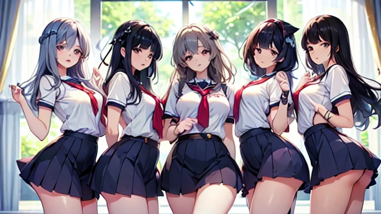 4girls,quartet,squad,cowboyshot,pov,beautiful detailed eyes, detailed lips, long eyelashes, bright and vibrant colors, natural lighting,(best quality, 4k, highres), ultra-detailed, soft and smooth texture, no distractions, dreamlike sensation, slight bokeh effect,highlighting her figure,deformed and independented breasts,schooluniform,side by side,Different posing,surrounded by girls,(small breasts:1.5)