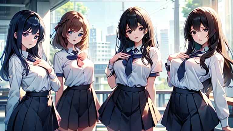 NSFW,(4girls with school bags standing in a school hallway:1.3),(Long skirt:1.6),(high detailed Black pinafore Dress,Belt,red bowtie:1.4),(skirt lift,lifted by self:1.5),(vaginal object insertion,high detailed vibrator,pussy juice,ahegao,trembling:1.5),(Various color hair),(:D,Smile,long hair with side ponytail,long hair with braid,short hair,disheveled hair:1.2),ahoge, (hair ribbon,scrunchie),Tareme,fullbody,wet,(shiny skin),medium breasts,beautiful detailed eyes,dot nose, side blunt bangs, hairs between eyes,perfect lighting,daytime,Light leak,morning,dynamic angle,looking at viewer,(from below:1.4),(extremely detailed CG:1.2),(8k wallpaper:1.2),(masterpiece:1.2),, Bill Sienkiewicz inspired art