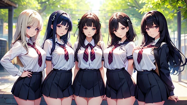 4girls,quartet,squad,cowboyshot,pov,beautiful detailed eyes, detailed lips, long eyelashes, bright and vibrant colors, natural lighting,(best quality, 4k, highres), ultra-detailed, soft and smooth texture, no distractions, dreamlike sensation, slight bokeh effect,highlighting her figure,deformed and independented breasts,schooluniform,side by side,Different posing,surrounded by girls,(small breasts:1.5)