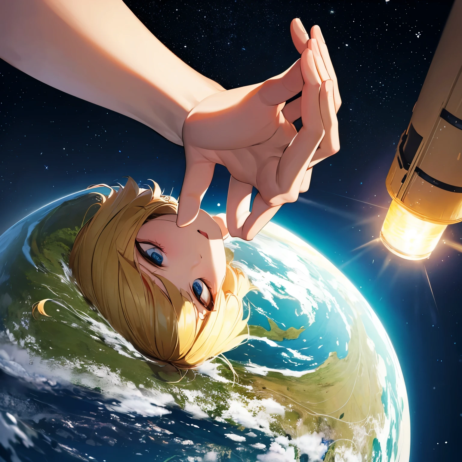 Outer space, a young with blonde hair holds the earth in his palms
