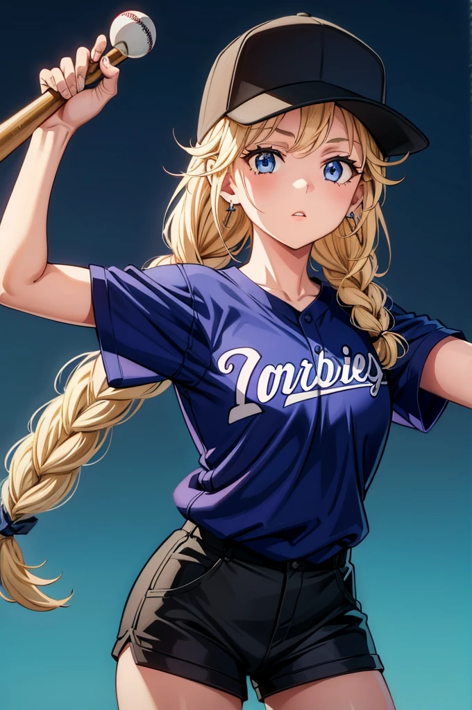 a girl holding baseball bat with her arm around her bat holder's shoulder, 1girl, baseball cap, solo, baseball mitt, blue eyes, blonde hair, baseball uniform, braid, hat, long hair, jewelry, earrings, looking at viewer, short sleeves, shirt, sportswear, holding, shorts, parted lips, blue background