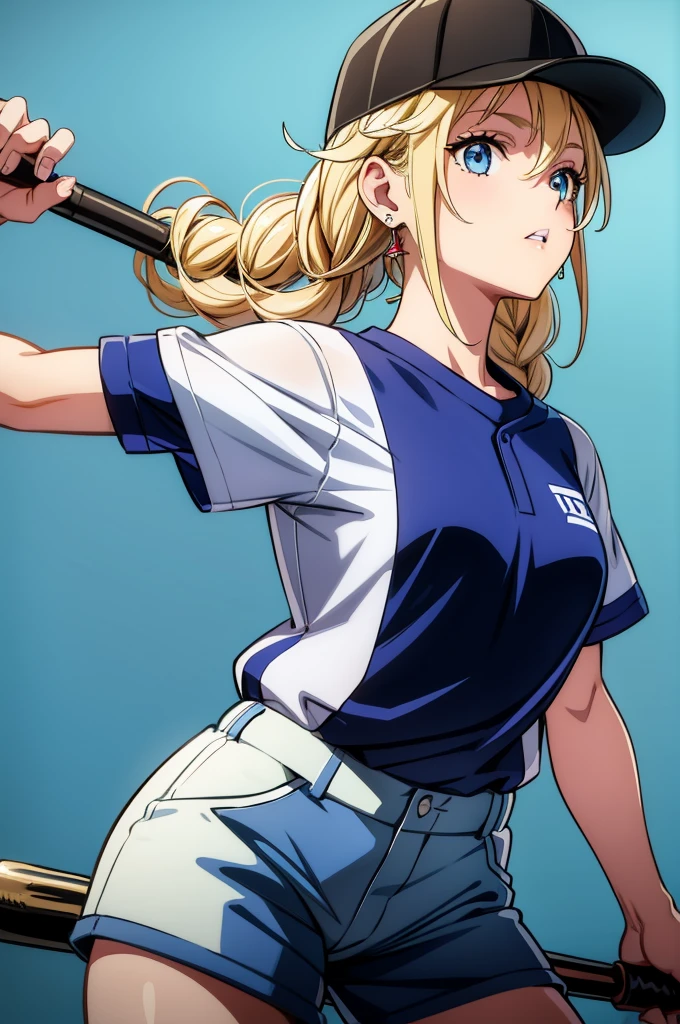 a girl holding baseball bat with her arm around her bat holder's shoulder, 1girl, baseball cap, solo, baseball mitt, blue eyes, blonde hair, baseball uniform, braid, hat, long hair, jewelry, earrings, looking at viewer, short sleeves, shirt, sportswear, holding, shorts, parted lips, blue background