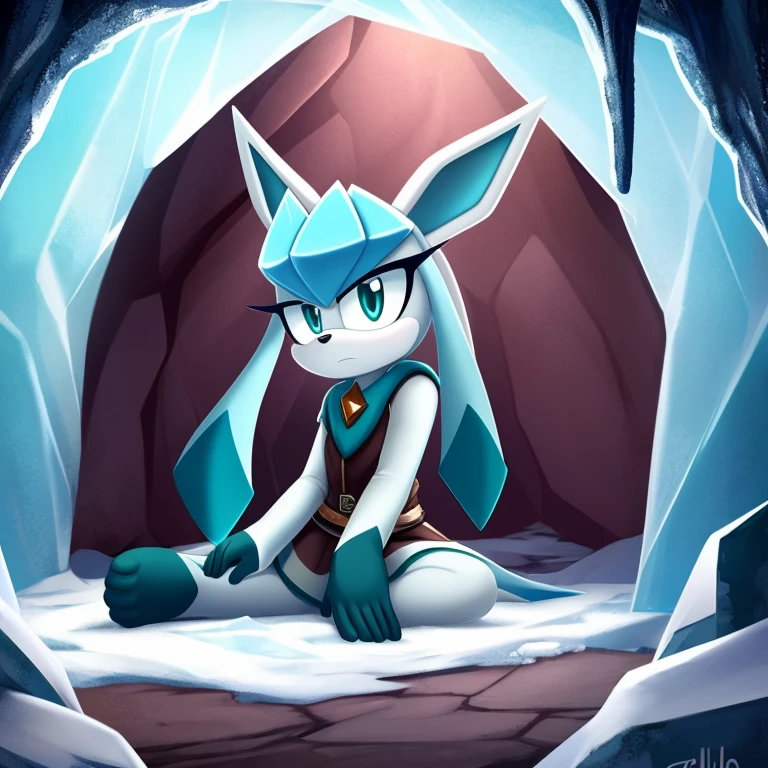 Mobian (Glaceon), ice, arctic cave, sitting, looking at viewer, (unamused), viking armor, viking shoulder pads, viking cape