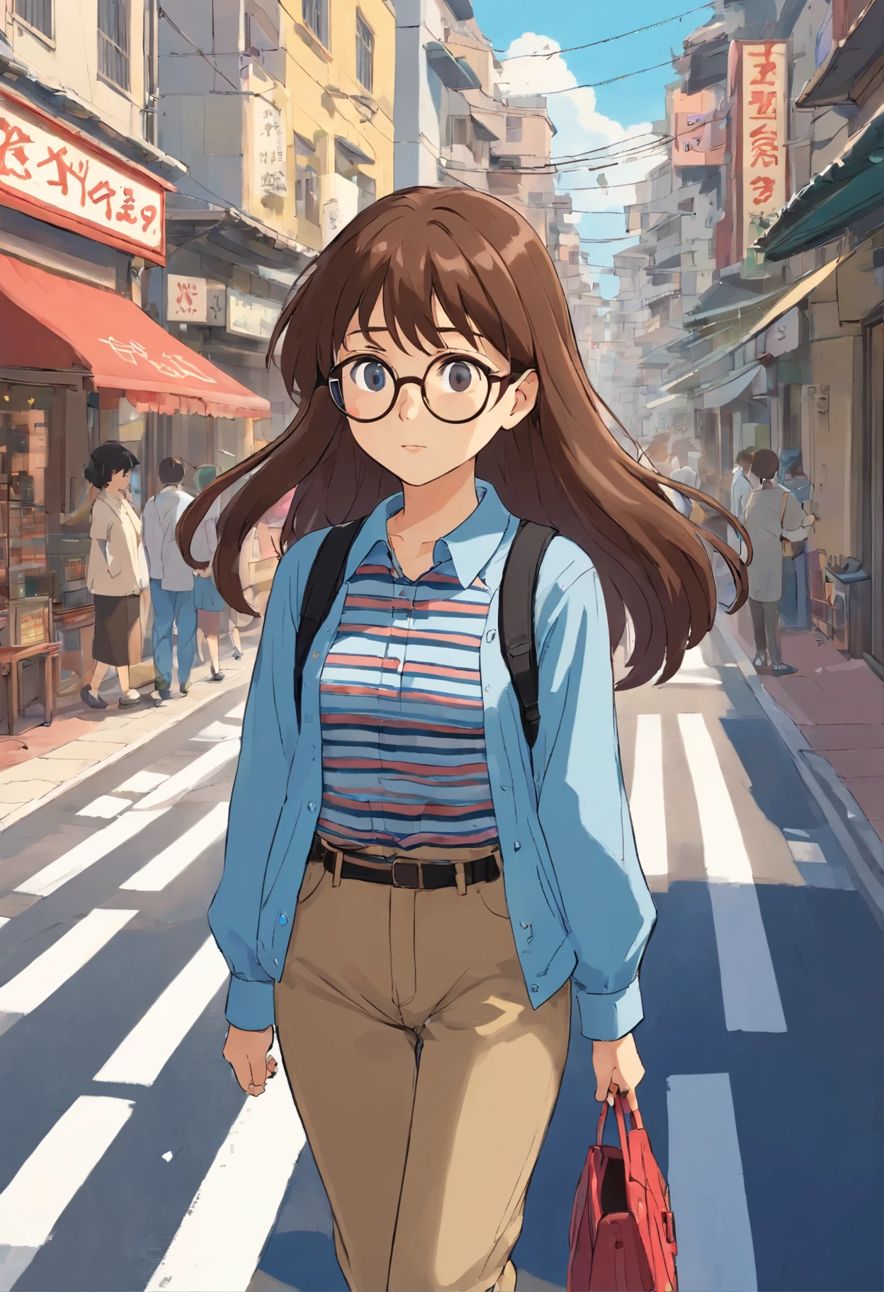 A girl of about 25 years old is walking down the street with the phone in her hand, she has glasses and long brown hair, a black and white striped blouse and blue pants, there are vehicles passing by and she stops at the pedestrian El Paso while the cemaforo is on. red