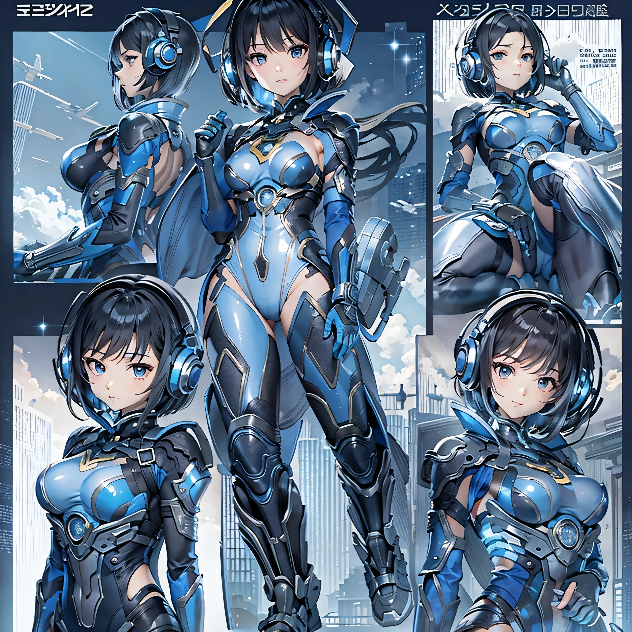 (masterpiece、Highest quality、Highest Resolution、Clear_image、Detailed details、Angle from above): (Whole body、One 20 year old girl、Japanese Faces、Small Face、Slender、Navy blue super short bob cut hair、(Hidden small breasts:1.3)、Sparkling blue eyes、Shiny pilot suit in blue and black colors、Chest protection armor、Tight fitting clothes、Clothing that covers the whole body、Glamorous clothes、Tight Fit Pants、Hide your skin、Very delicate and beautiful、Detailed Skin、hide thighs、Hide your ass、Cute、A gentle smile、Soft expression、heroine、headset、Knee-high boots、Elbow-length gloves、Eye Level Shot、Face directly、Woman on a spaceship)
