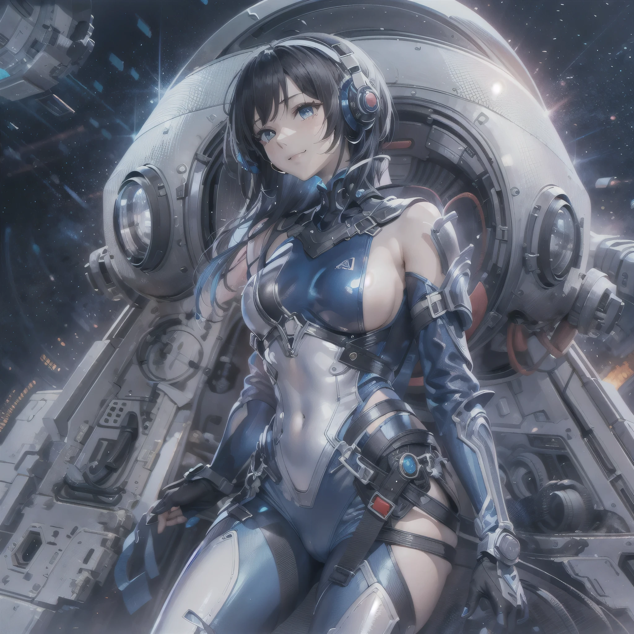 (masterpiece、highest quality、highest resolution、clear_image、detailed details、Angle from above): (full body figure、One 20 year old girl、Japanese faces、small face、Slender、Navy blue super short bob cut hair、(hidden small breasts:1.3)、sparkling blue eyes、Shiny pilot suit in blue and black colors、armor that protects the chest、tight fitting clothes、clothes that cover the whole body、shiny clothes、tight fit pants、hide the skin、very delicate and beautiful、detailed skin、hide thighs、hide your butt、cute type、gentle smile、soft expression、heroine、headset、Knee-high boots、gloves up to the elbow、eye level shot、facing directly、woman on a spaceship)
