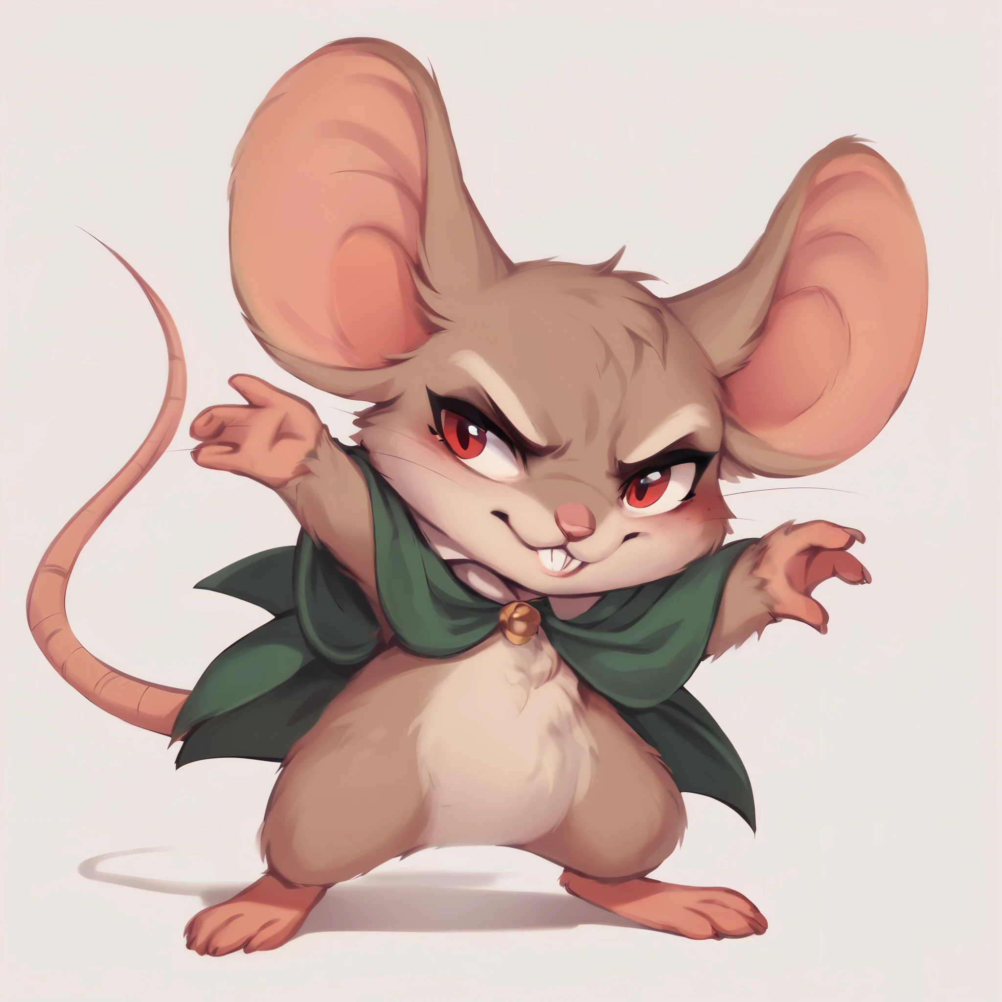 score_9, score_8_up, score_7_up, score_6_up, score_5_up, score_4_up, show accurate, full body, hungry body, simple background, (solo), (semi anthro), mouse, female mouse, fur body, ultra fine fur, standing, red eyes, ((light brown dull fur)), determined look, hairless, bald, green color open cape, 
