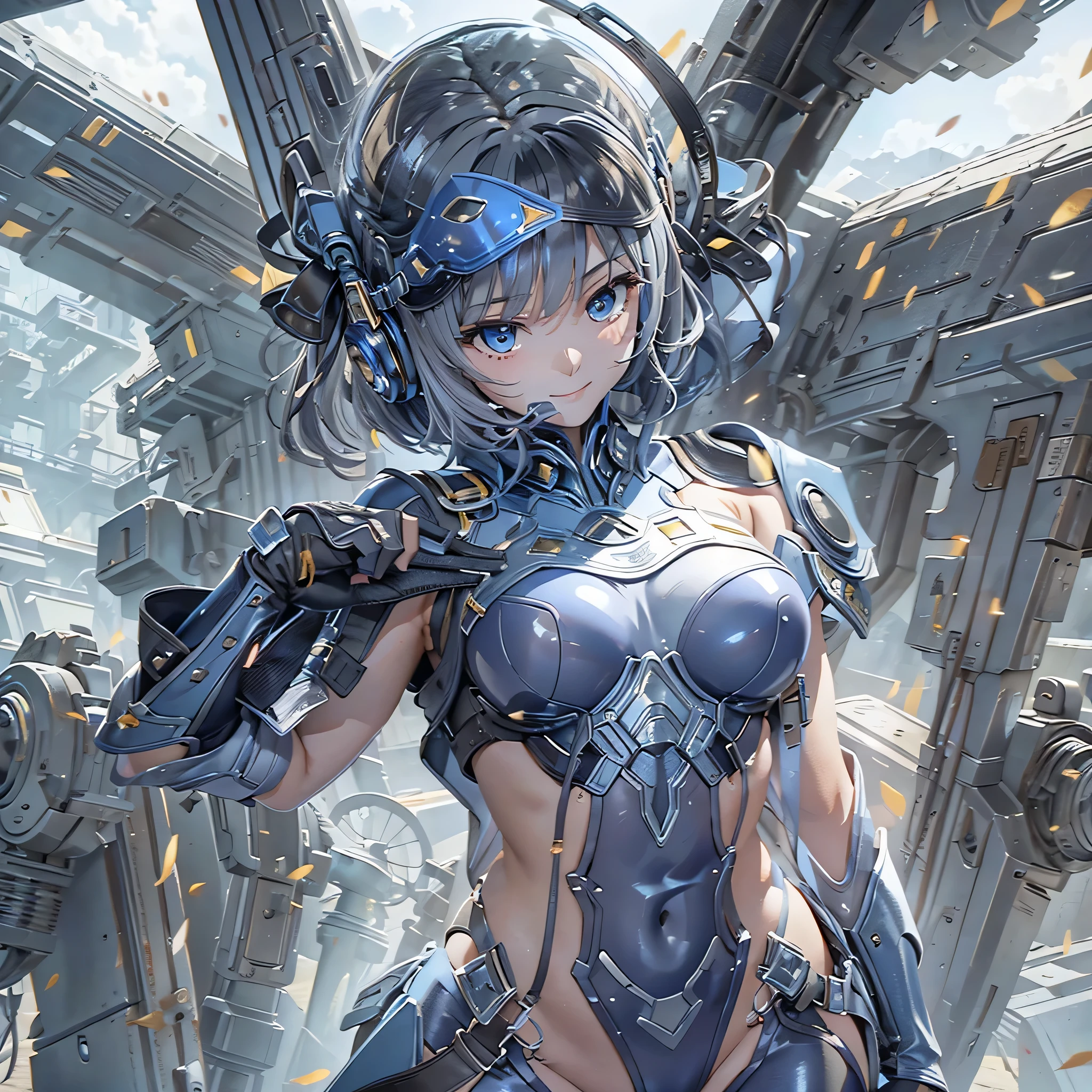 (masterpiece、highest quality、highest resolution、clear_image、detailed details、Angle from above): (full body figure、One 20 year old girl、Japanese faces、small face、Slender、Navy blue super short bob cut hair、(hidden small breasts:1.3)、sparkling blue eyes、Shiny pilot suit in blue and black colors、armor that protects the chest、tight fitting clothes、clothes that cover the whole body、shiny clothes、tight fit pants、hide the skin、very delicate and beautiful、detailed skin、hide thighs、hide your butt、cute type、gentle smile、soft expression、heroine、headset、Knee-high boots、gloves up to the elbow、eye level shot、facing directly、woman on a spaceship)
