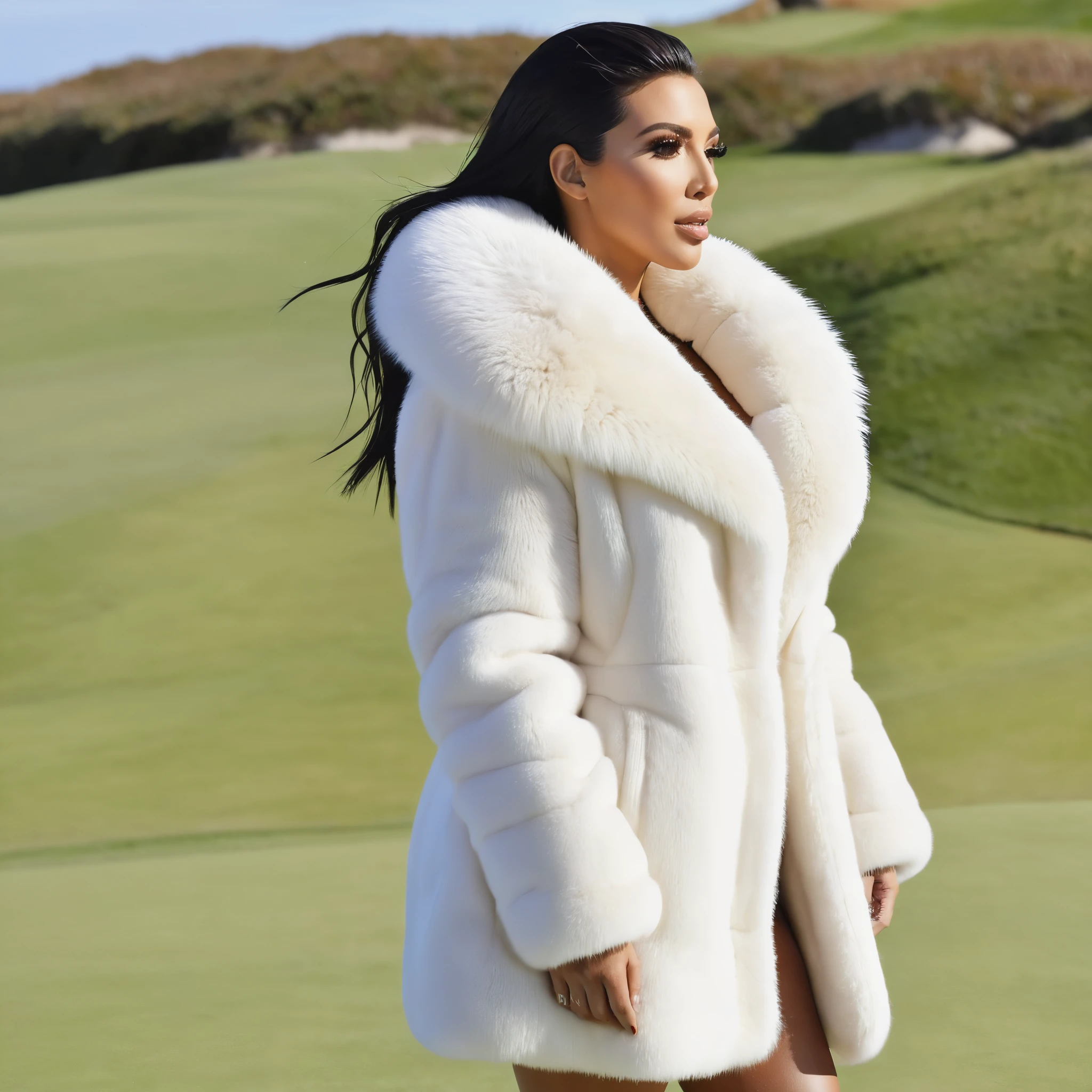 A very wide and very thick, manteau de fourrure extra court, en vison blanc, fifty centimeters thick, duveteux, naturel, with an ultra thick white mink fur collar, three layers, sur Kim Kardashian, fully nude profile view, bare shoulders, and two large breast discovered by the fur, at sunny Pebble Beach golf