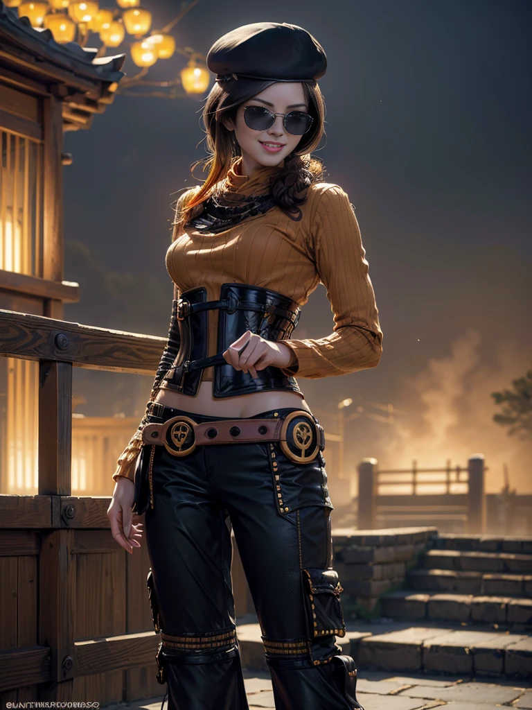 (masterpiece,stunning girlfriend, (standing:1.1), dynamic pose, heart shaped face,elegant face, beautiful face, highly detailed face, highly detailed skin, skin pores, subsurface scattering, realistic pupils, loving smile, looking at viewer, full lips, detailed background, depth of field, atmospheric perspective, volumetric lighting, sharp focus, absurdres, realistic proportions, good anatomy, (realistic, hyperrealistic:1.4), 16k hdr, (masterpiece, best quality:1.2), cowboy shot, solo, 1girl, coco adel, grin, looking at viewer, hand on hip, beret, sunglasses, orange sweater, corset, black gloves, pants, jewelry, belt, bandolier, standing outdoors, Great Wall of China
