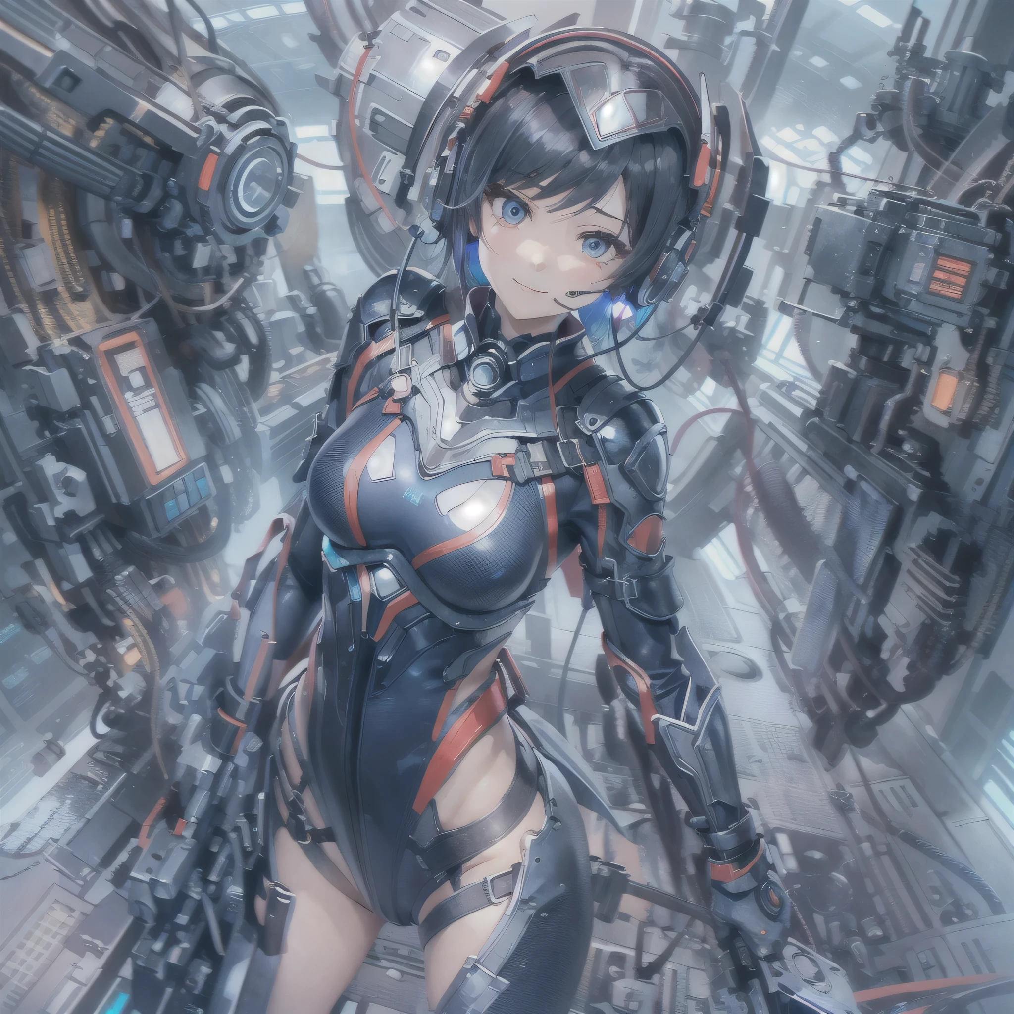 (masterpiece、highest quality、highest resolution、clear_image、detailed details、Angle from above): (full body figure、One 20 year old girl、Japanese faces、small face、Slender、Navy blue super short bob cut hair、(hidden small breasts:1.3)、sparkling blue eyes、Shiny pilot suit in blue and black colors、armor that protects the chest、tight fitting clothes、clothes that cover the whole body、shiny clothes、tight fit pants、hide the skin、very delicate and beautiful、detailed skin、hide thighs、hide your butt、cute type、gentle smile、soft expression、heroine、headset、Knee-high boots、gloves up to the elbow、eye level shot、facing directly、woman on a spaceship)