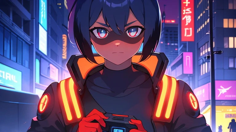 cyberpunk, portrait, Schwarz , Rot neon eyes, stilvoll tragen [Schwarz|Rot] Kleidung steht in einer Stadt, (sonnenaufgang:1.4), Street, kompliziert, fototealistisch