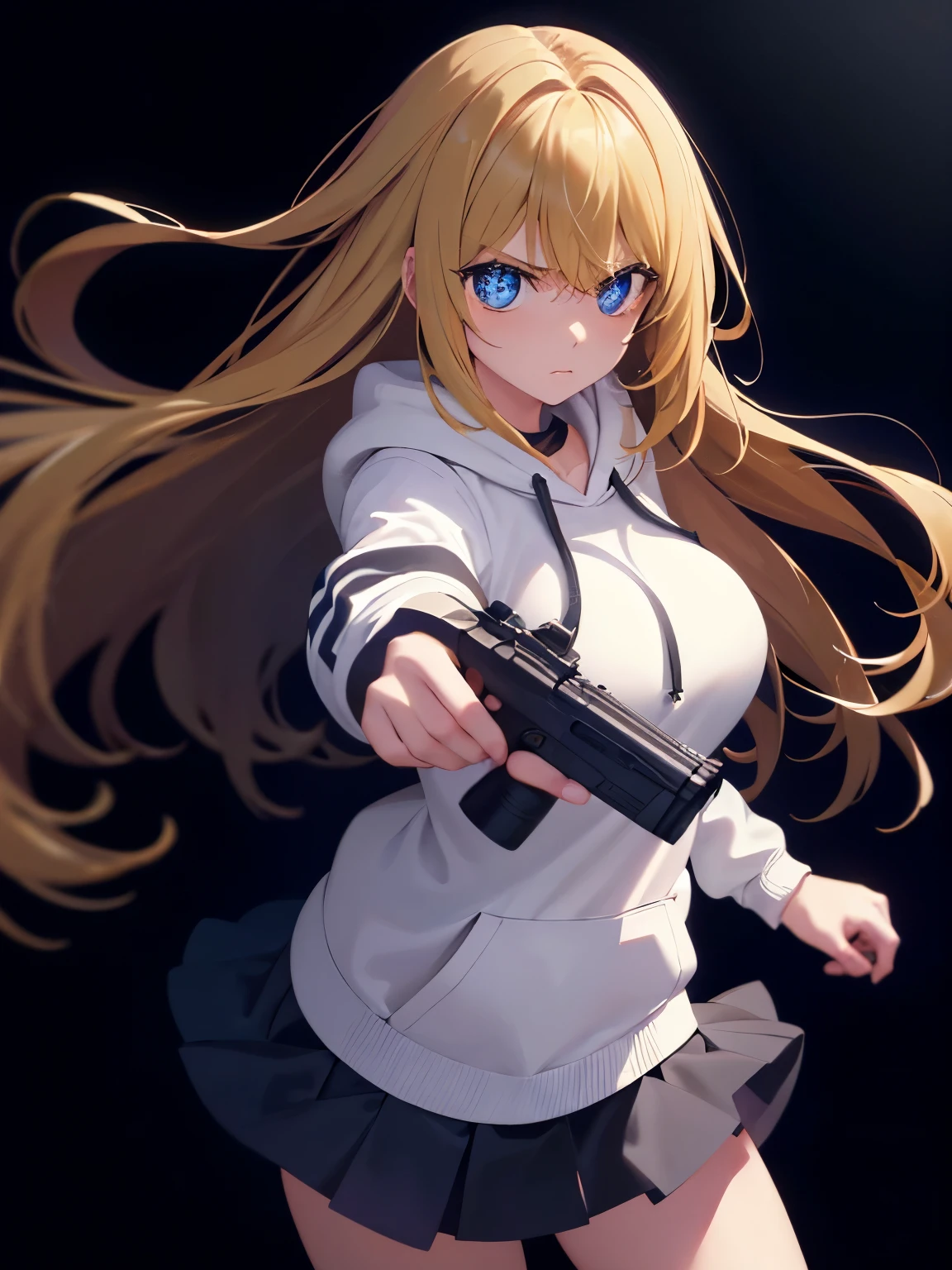 1woman,super beautiful,morning,Holding a gun, Aim at the viewer, angry expression,cute,morning,half body photo,Beautiful eyes, very detailed face,cute,long hoodie,white hoodie, tennis skirt,HD face, perfect face,black mini skirt,black mini skirt,Very big breasts,Blonde hair,long hair,wavy hair,bangs,blue eyes,ultra detail,ultra Hd, masterpiece,4k