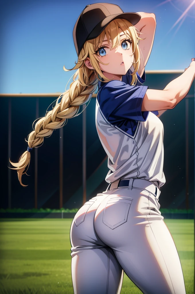 professional baseball player in the outfield on top of a field with jersey open and baseball glove in hand throwing bat, 1girl, baseball uniform, baseball cap, hat, braid, solo, blonde hair, blue eyes, twin braids, sportswear, long hair, baseball mitt, baseball bat, looking at viewer, shirt, ass, holding, white pants, shorts, baseball, short sleeves, thighs, breasts