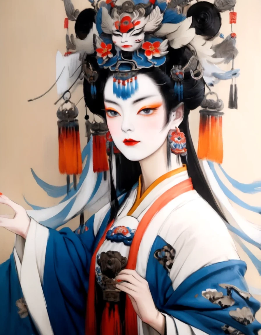 ASCII Art Style, Portrait, Best Quality, High Resolution, Super Fine, (Realism: 1.37), Character Concept Design, Hayv Kahraman Style, (Portrait of Peking Opera Girl: 1.3),, Fine Eyes, Fine Lips, Fine Face, Long Eyelashes, Stylish Urban Clothing, Midway, Blue and Orange, Sharp Focus, Studio Lighting, Stanley Donwood Style, Figure, Ink Art, Side View
