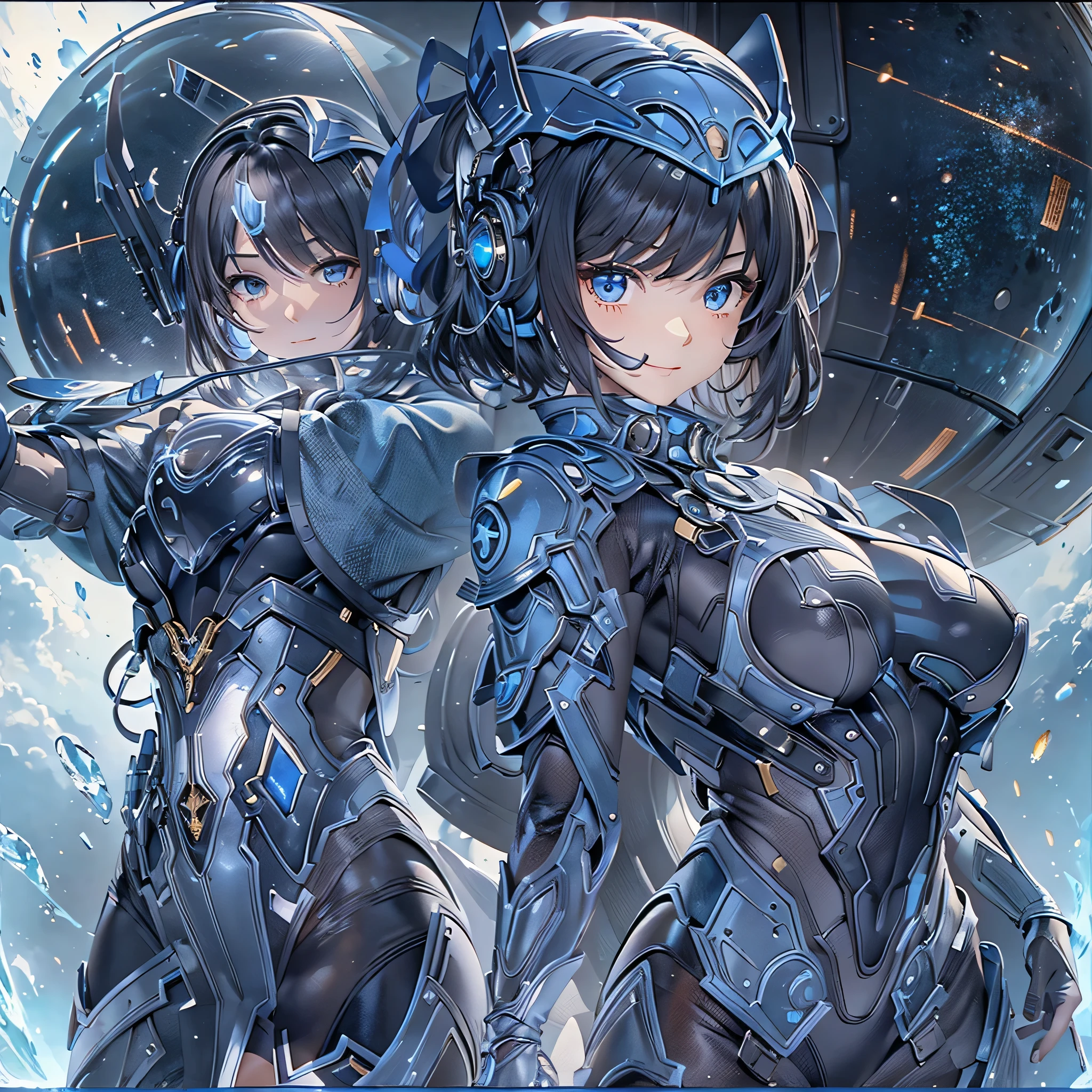 (masterpiece、highest quality、highest resolution、clear_image、detailed details、Angle from above): (full body figure、One 20 year old girl、Japanese faces、small face、Slender、Navy blue super short bob cut hair、(hidden small breasts:1.3)、sparkling blue eyes、Shiny pilot suit in blue and black colors、armor that protects the chest、tight fitting clothes、clothes that cover the whole body、shiny clothes、tight fit pants、hide the skin、very delicate and beautiful、detailed skin、hide thighs、hide your butt、cute type、gentle smile、soft expression、heroine、headset、Knee-high boots、gloves up to the elbow、eye level shot、facing directly、woman on a spaceship)
