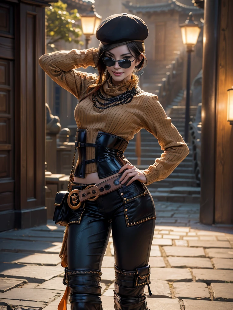 (masterpiece,stunning girlfriend, (standing:1.1), dynamic pose, heart shaped face,elegant face, beautiful face, highly detailed face, highly detailed skin, skin pores, subsurface scattering, realistic pupils, loving smile, looking at viewer, full lips, detailed background, depth of field, atmospheric perspective, volumetric lighting, sharp focus, absurdres, realistic proportions, good ???????, (realistic, hyperrealistic:1.4), 16k hdr, (masterpiece, best quality:1.2), cowboy shot, solo, 1girl, coco adel, grin, looking at viewer, hand on hip, beret, sunglasses, orange sweater, corset, black gloves, pants, jewelry, belt, bandolier, standing outdoors, Great Wall of China