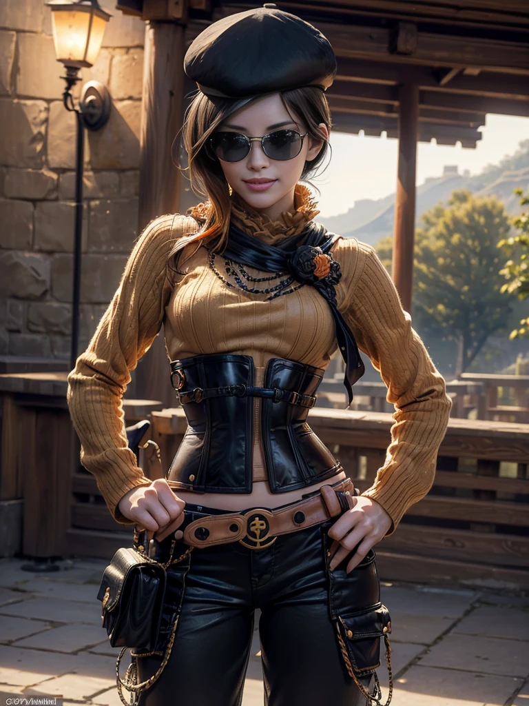 (masterpiece,stunning girlfriend, (standing:1.1), dynamic pose, heart shaped face,elegant face, beautiful face, highly detailed face, highly detailed skin, skin pores, subsurface scattering, realistic pupils, loving smile, looking at viewer, full lips, detailed background, depth of field, atmospheric perspective, volumetric lighting, sharp focus, absurdres, realistic proportions, good anatomy, (realistic, hyperrealistic:1.4), 16k hdr, (masterpiece, best quality:1.2), cowboy shot, solo, 1girl, coco adel, grin, looking at viewer, hand on hip, beret, sunglasses, orange sweater, corset, black gloves, pants, jewelry, belt, bandolier, standing outdoors, Great Wall of China
