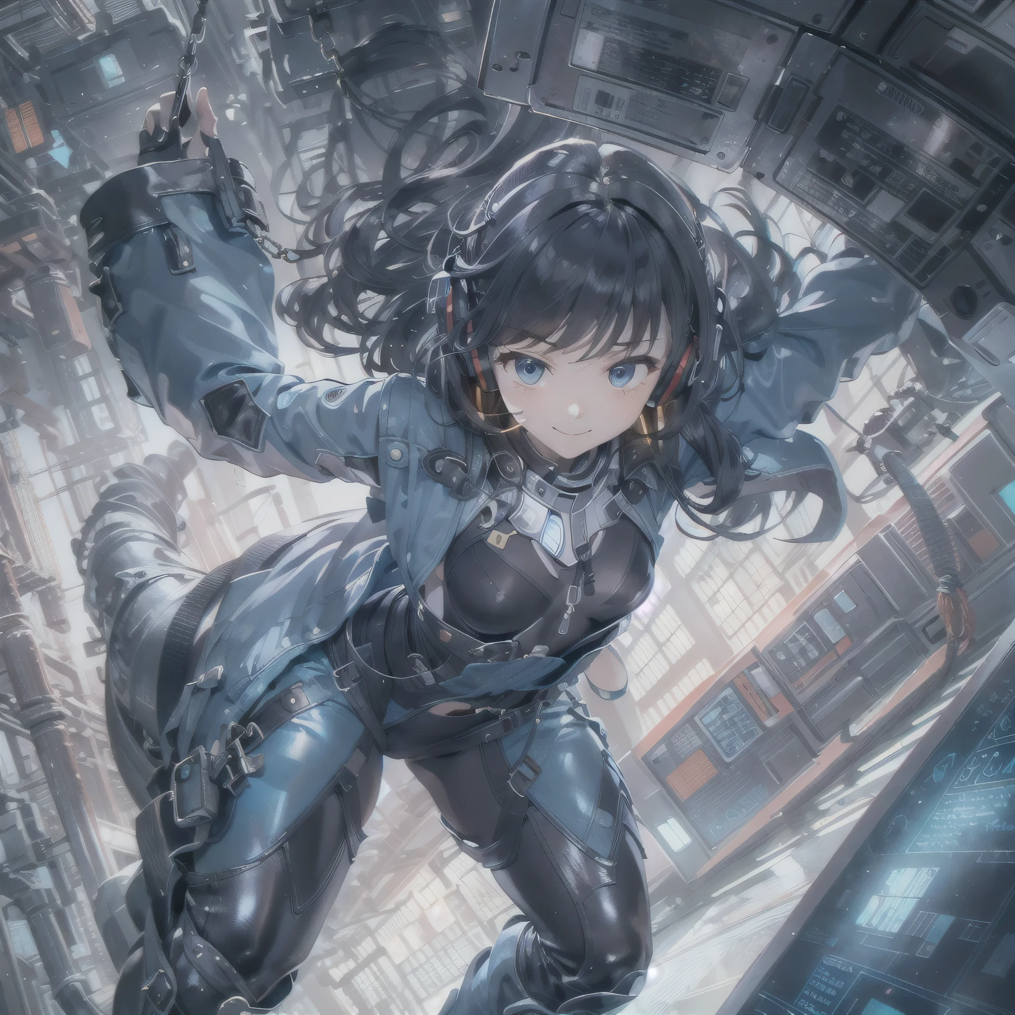 (masterpiece、highest quality、highest resolution、clear_image、detailed details、Angle from above): (full body figure、One 20 year old girl、Japanese faces、small face、Slender、Navy blue super short bob cut hair、(hidden small breasts:1.3)、sparkling blue eyes、Shiny pilot suit in blue and black colors、armor that protects the chest、tight fitting clothes、clothes that cover the whole body、shiny clothes、tight fit pants、hide the skin、very delicate and beautiful、detailed skin、hide thighs、hide your butt、cute type、gentle smile、soft expression、heroine、headset、Knee-high boots、gloves up to the elbow、eye level shot、facing directly、woman on a spaceship)