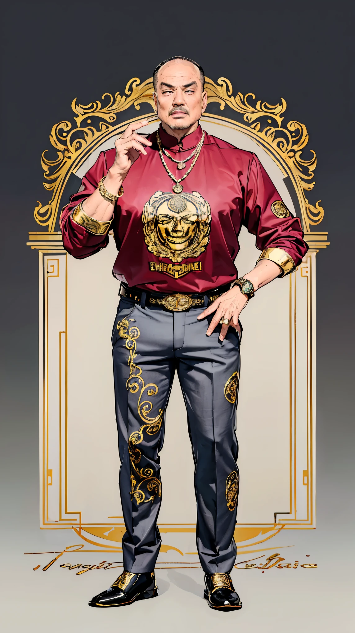 ((best quality,4k,highres,masterpiece:1.2)),((character concept art)), 1 male, elderly Asian man, millionaire, crime boss, ((balding, grey hair)), overweight, evil intentions, smirking confidently, ((intricate detail)), super finely detailed hands, ultra finely detailed fingers(((ten fingers))), wearing Versace Barocco Silk Shirt and Versace Barocco Print Jeans, accessorized with a Versace Logo Belt, Versace Medusa Sneakers, gold chains, and a diamond encrusted watch, smoking a fat cigar, (standing casually), (full body showcase), (show full body), (no logos on background), (no logo), ((plain background)), ((plain background)), (((empty background)))