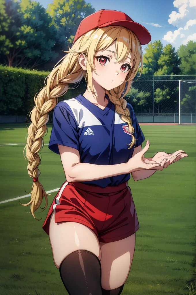 (masterpiece), best quality, highres, beautiful detailed hair, hand by Guido Daniele, delicate details, shiny skin,
1girl, solo, red eyes, long hair, soccer uniform, thigh highs,
outdoors, soccer court, standing,
nice hands, perfect hands,Eiko Tsukimi, blue eyes, braid, twin braid,blonde hair,baseball cap