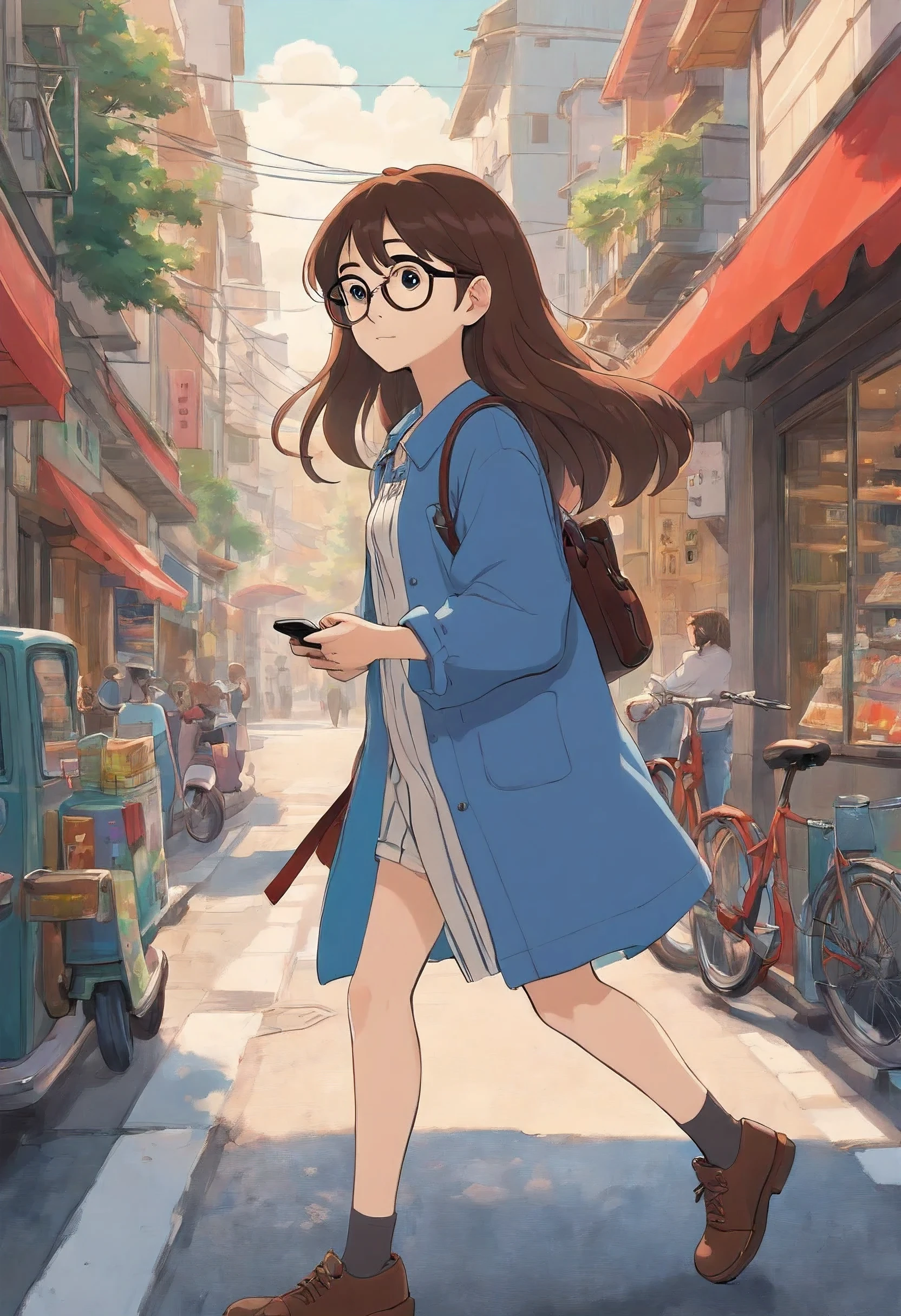A girl of about 25 years old is walking down the street with the phone in her hand, she has glasses and long brown hair, a black and white striped blouse and blue pants, there are vehicles passing by and she stops at the pedestrian El Paso while the cemaforo is on. red a white car hits her and she falls to the ground