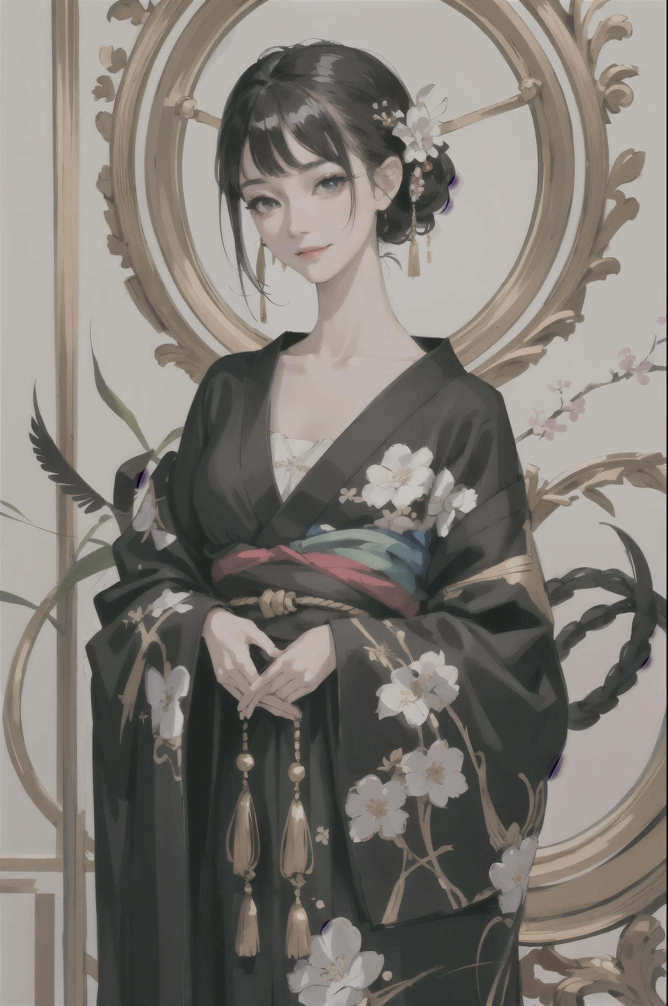 masterpiece,highest quality,disorganized,original,very delicate and beautiful,Beautifully detailed eyes and face,1 girl, black hair, kimono, looking at the viewer, alone, (shiny skin),(masterpiece:1.4),(highest quality:1.4),realistic,robber girl,mature woman,mature woman,smile,closed mouth