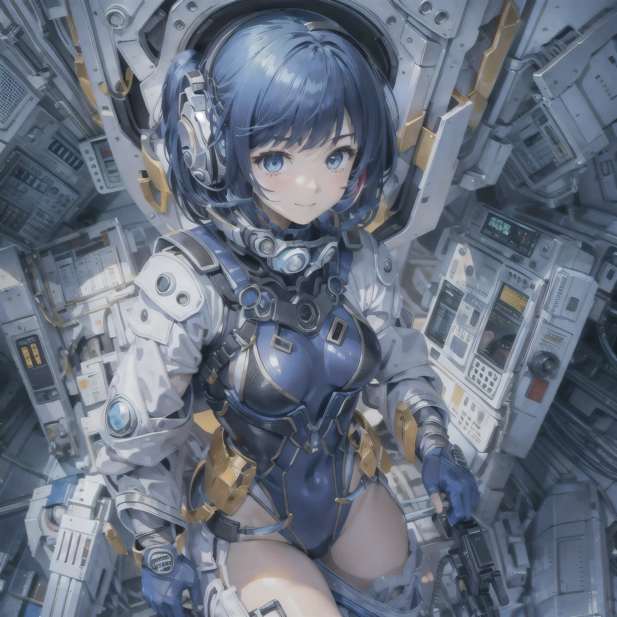 (masterpiece、highest quality、highest resolution、clear_image、detailed details、Angle from above): (full body figure、One 20 year old girl、Japanese faces、small face、Slender、Navy blue super short bob cut hair、(hidden small breasts:1.3)、sparkling blue eyes、Shiny pilot suit in blue and black colors、armor that protects the chest、tight fitting clothes、clothes that cover the whole body、shiny clothes、tight fit pants、hide the skin、very delicate and beautiful、detailed skin、hide thighs、hide your butt、cute type、gentle smile、soft expression、heroine、headset、Knee-high boots、gloves up to the elbow、eye level shot、facing directly、woman on a spaceship)