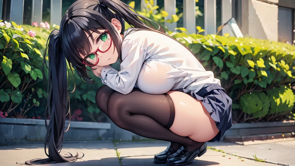 masterpiece,highest quality,wonderful,finely,High resolution,1 girl, big breasts,(fetal position:1.3), black hair, glasses, green eyes,twin tails,full body