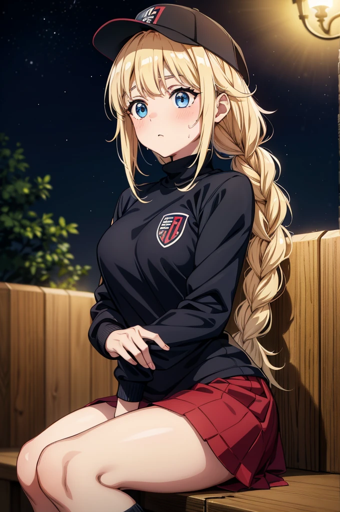 sweat, girl,woman,female, young,20 years old, medium hair, messy hair, bangs, low twintails, blonde hair, beautiful detailed hair, blush, black_shirt, night, turtleneck, night, she wears a AFC Bournemouth uniform, red and black striped uniform, Umbro
, location is Vitality Stadium, she is playing soccer, ((masterpiece)), ((best quality)), (ultra-detailed), ((extremely detailed)), 4K, (8K), best quality, (beautiful),,Eiko Tsukimi, blue eyes, braid, twin braid,blonde hair,baseball cap